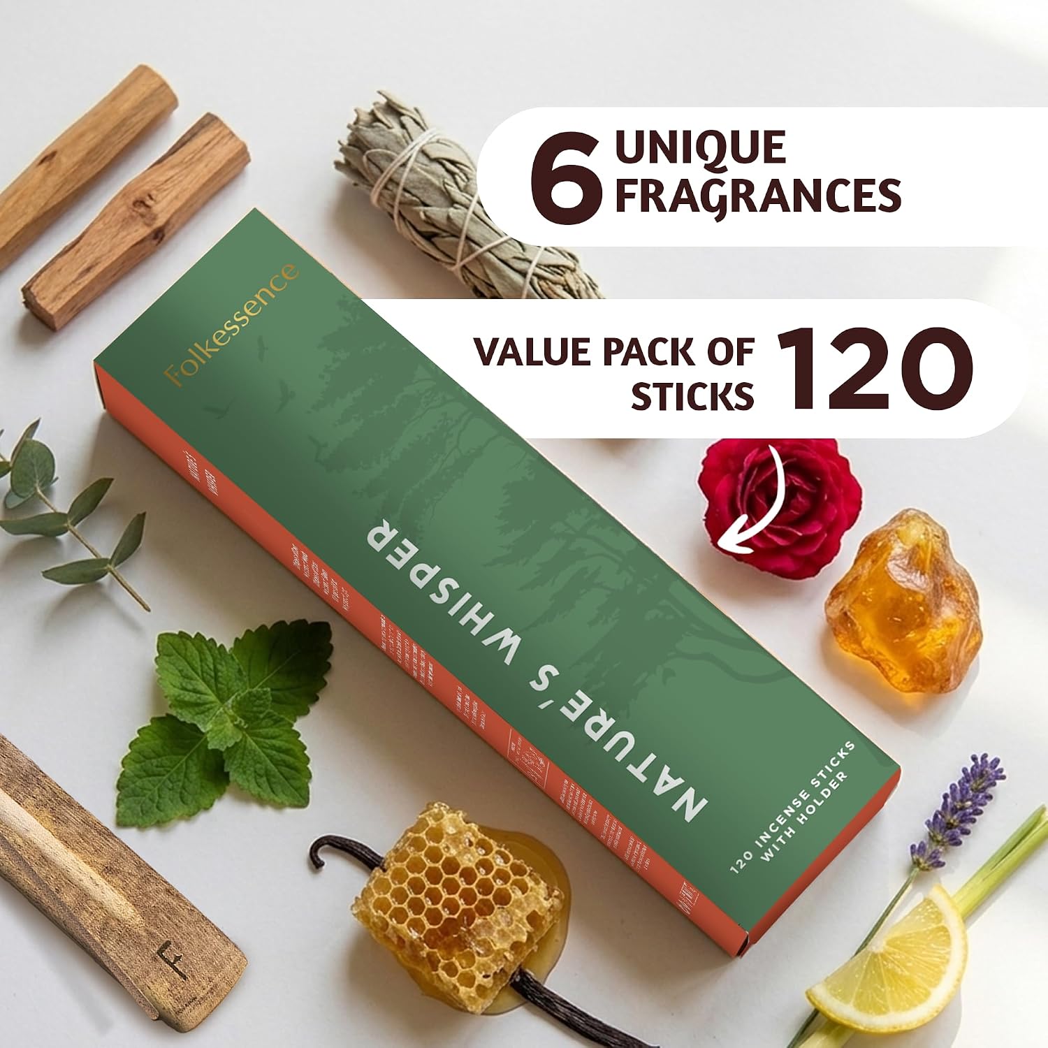 Folkessence Incense Sticks Set of 6 (120 Sticks) | Nature's Whisper Incense for Aromatherapy, Meditation & Home Fragrance | Long Burning, Non Toxic, no Charcoal | Sandalwood & Vanilla Scented