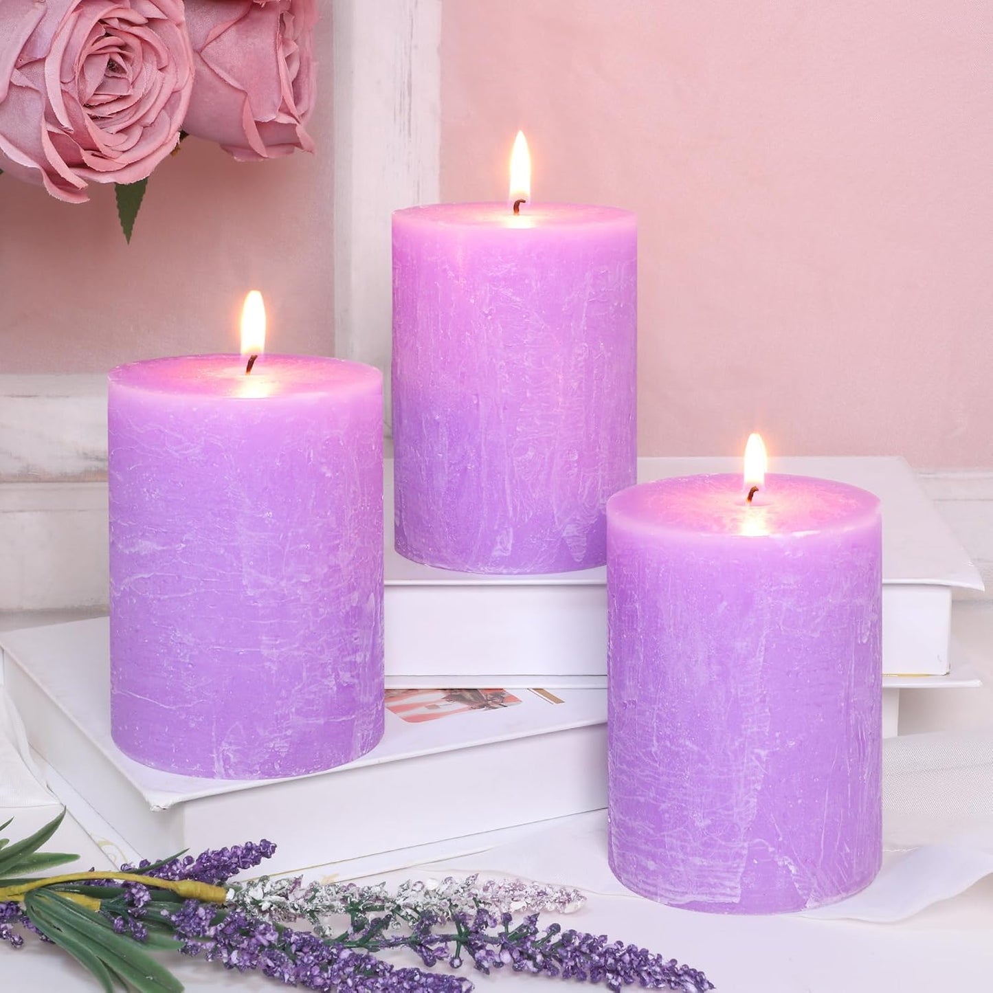 3x4 Inch Lavender Scented Pillar Candles Set of 3 Light Purple Hand-Poured Candle Long-Lasting Burn Rustic Decorative Dripless Candle for Home Scented Stress Relief Meditation