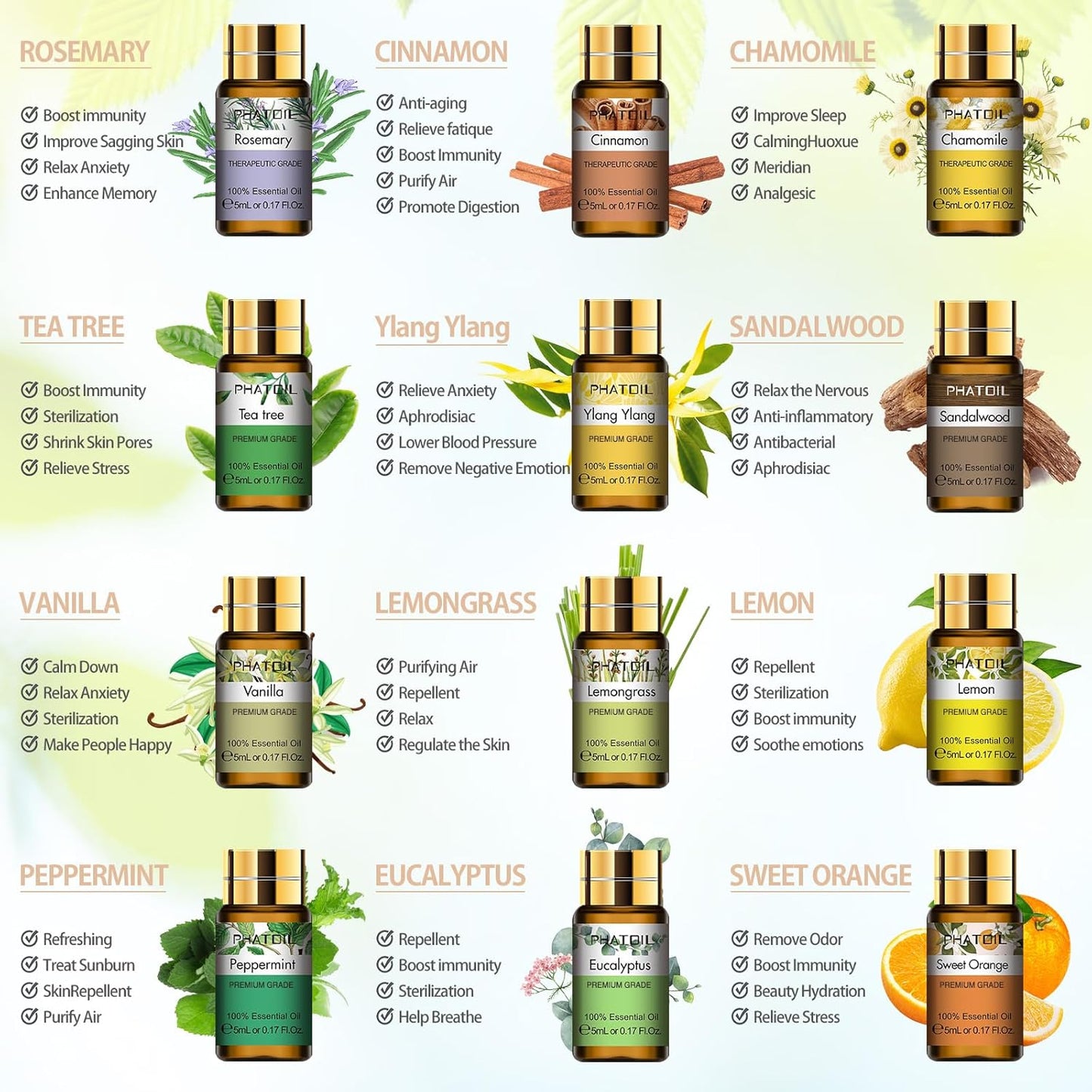 PHATOIL 15PCS Essential Oils Gift Set - Premium Quality 100% Natural Pure Essential Oils for Aromatherapy Diffuser Yoga Home Office Soap Candle Making- 5ml/Bottle
