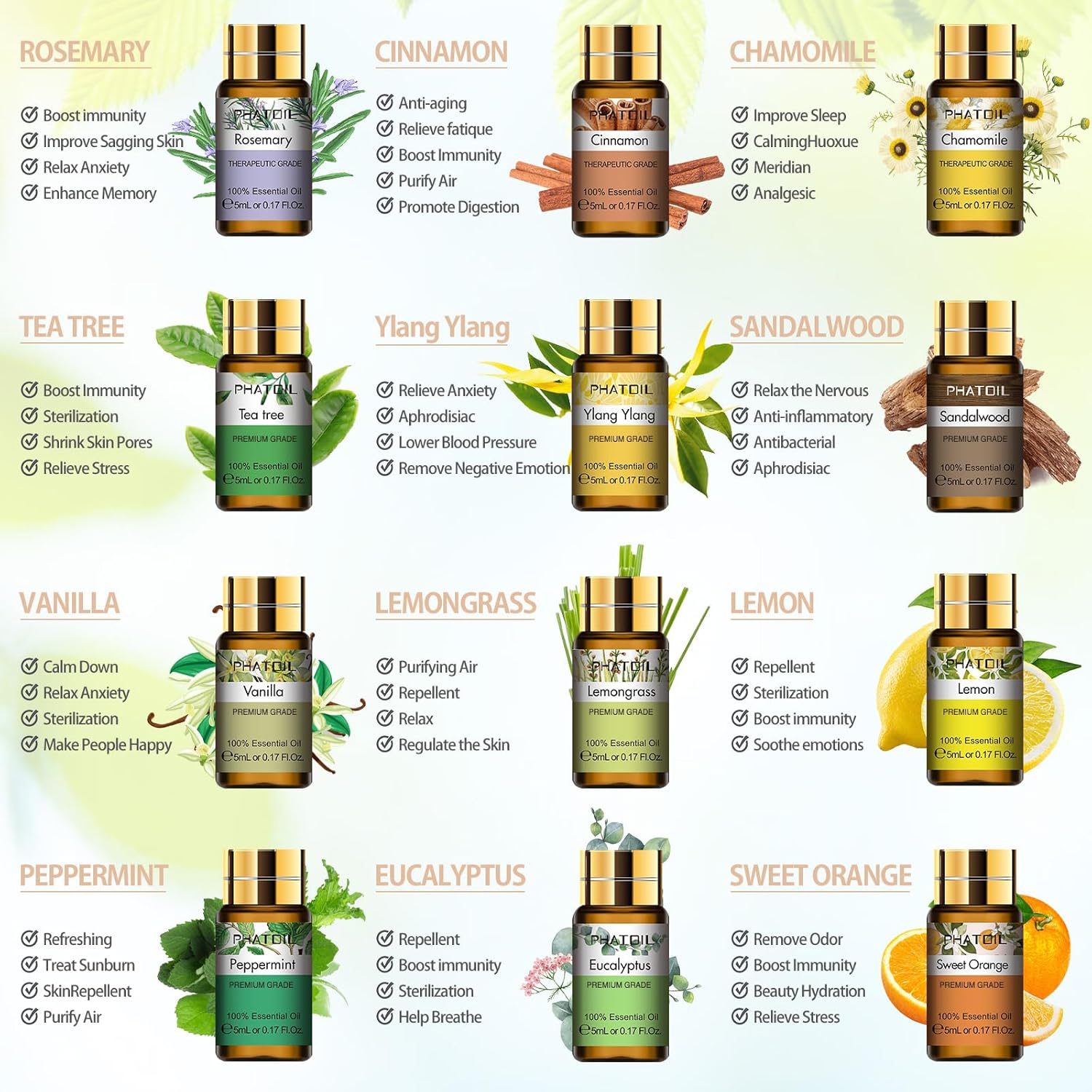PHATOIL 15PCS Essential Oils Gift Set - Premium Quality 100% Natural Pure Essential Oils for Aromatherapy Diffuser Yoga Home Office Soap Candle Making- 5ml/Bottle