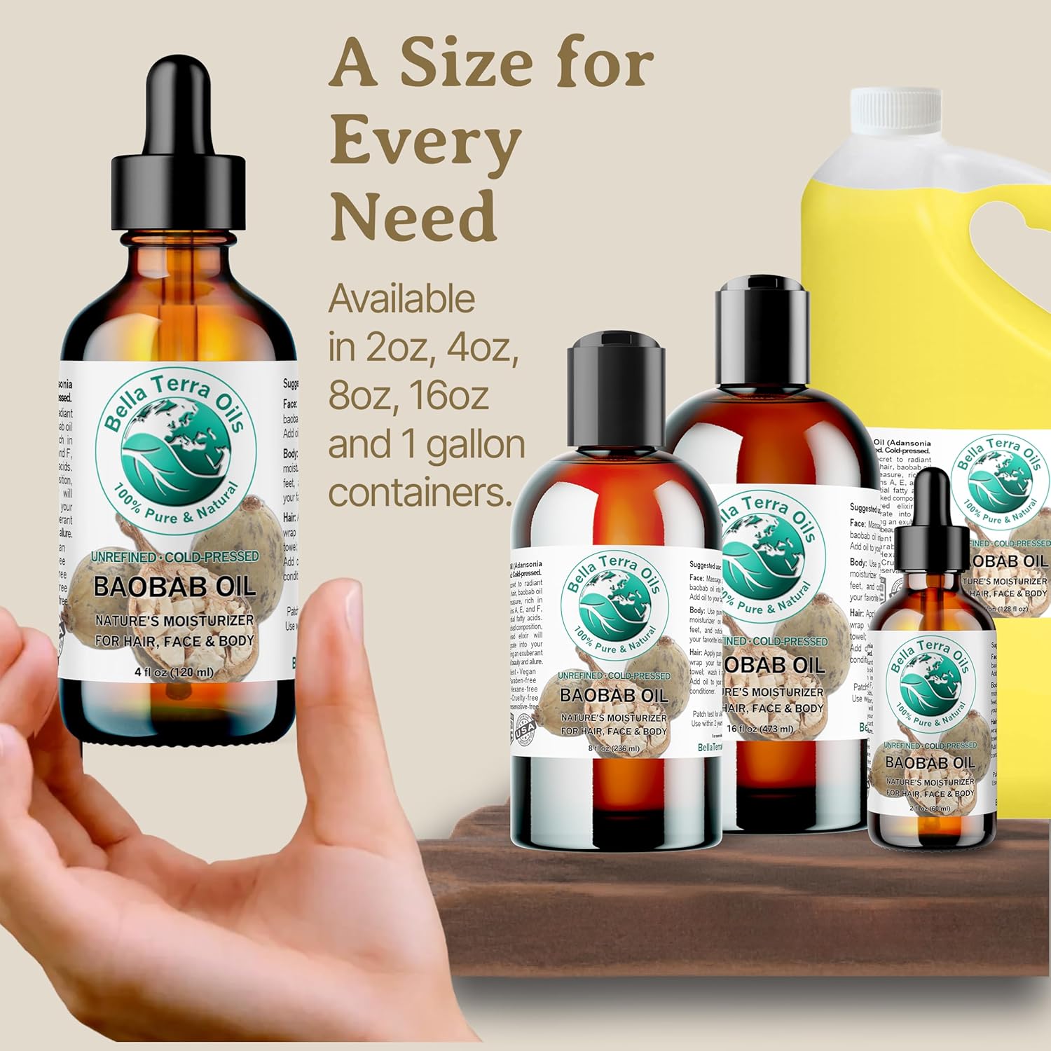 Bella Terra Oils - Baobab Oil 4 oz - Dive into the Essence of African Treasure, Abundant in Antioxidants, Best for Achieving a Silky Skin Glow