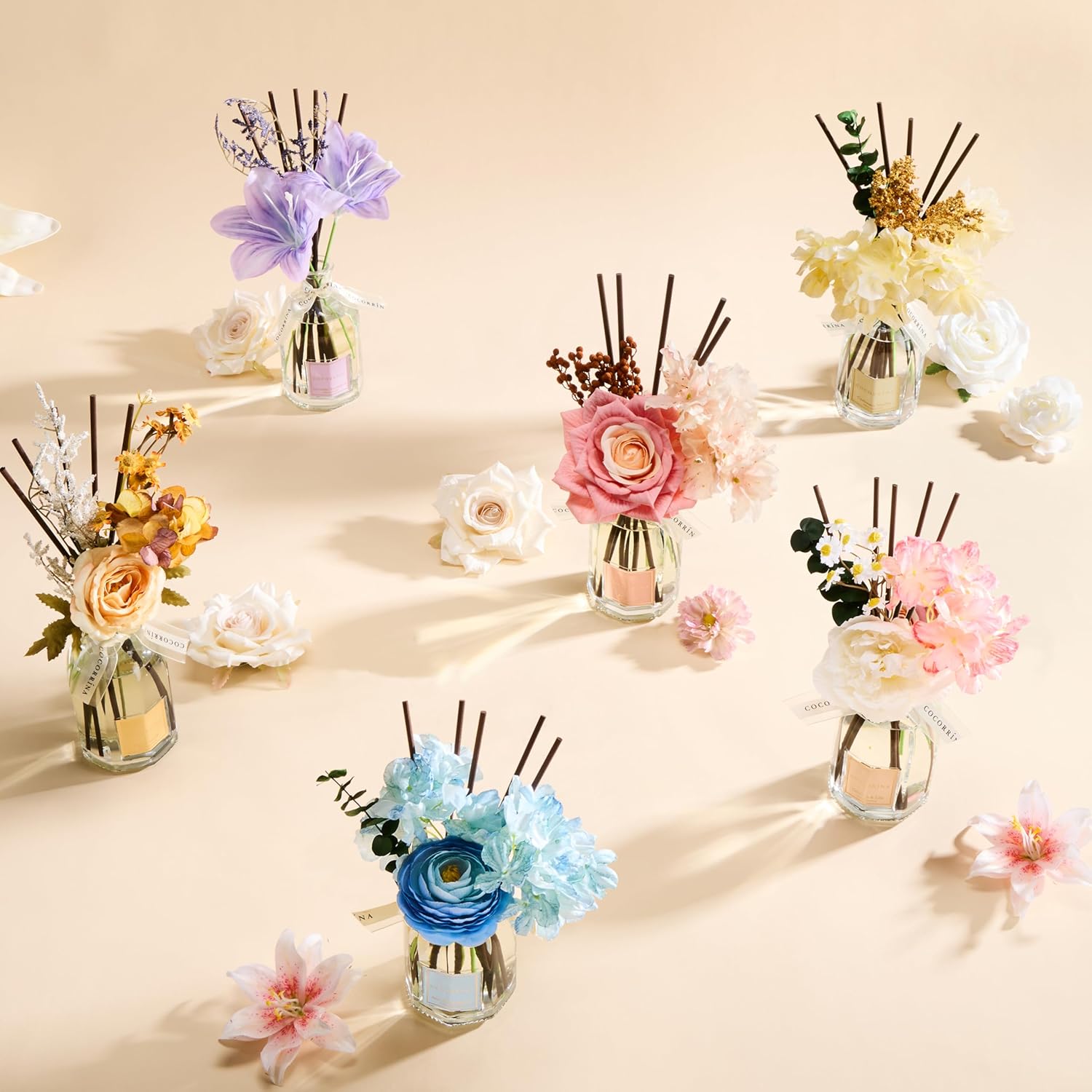 COCORRÍNA Reed Diffuser - Lavender Eucalyptus 8.5 Fl.oz Flower Reed Diffuser with Sticks, Bedroom Bathroom Shelf Decor (Floral Basket Collection)