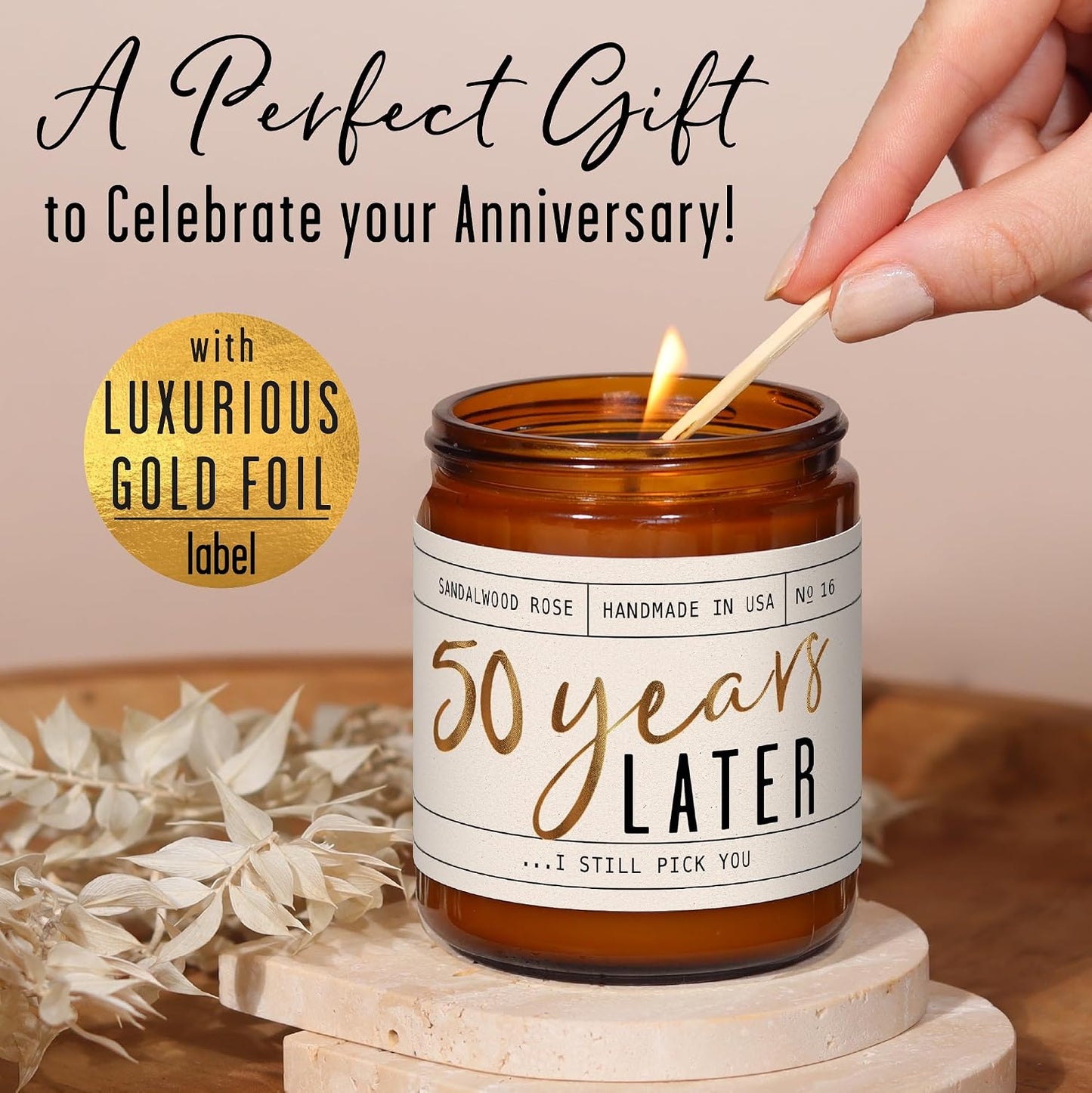 50th Wedding Anniversary Gifts - '50 Year Later' Candle, w/Sandalwood Rose - infused w/Essential Oils I 50th Anniversary Gifts for Wife I 50 Year Anniversary Gifts I 50Hour Burn I USA Made