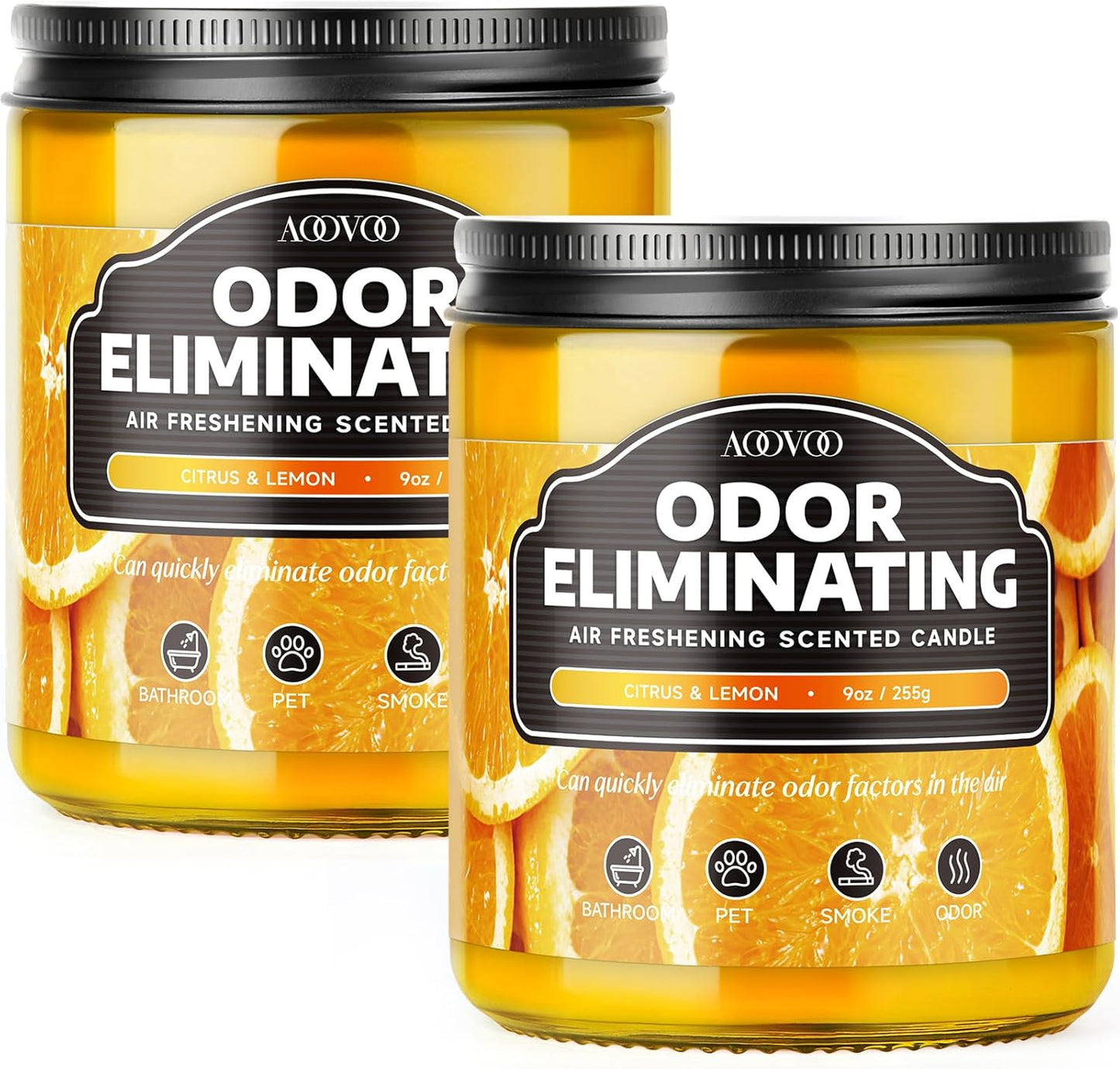 AOOVOO Citrus & Lemon 2 Pack Odor Eliminating Highly Fragranced Candle - Eliminates 95% of Pet, Smoke, Food and Other Smells Quickly, Non Toxic Air Freshing Soy Candle, 18 oz Up to 100 Hours Burn time