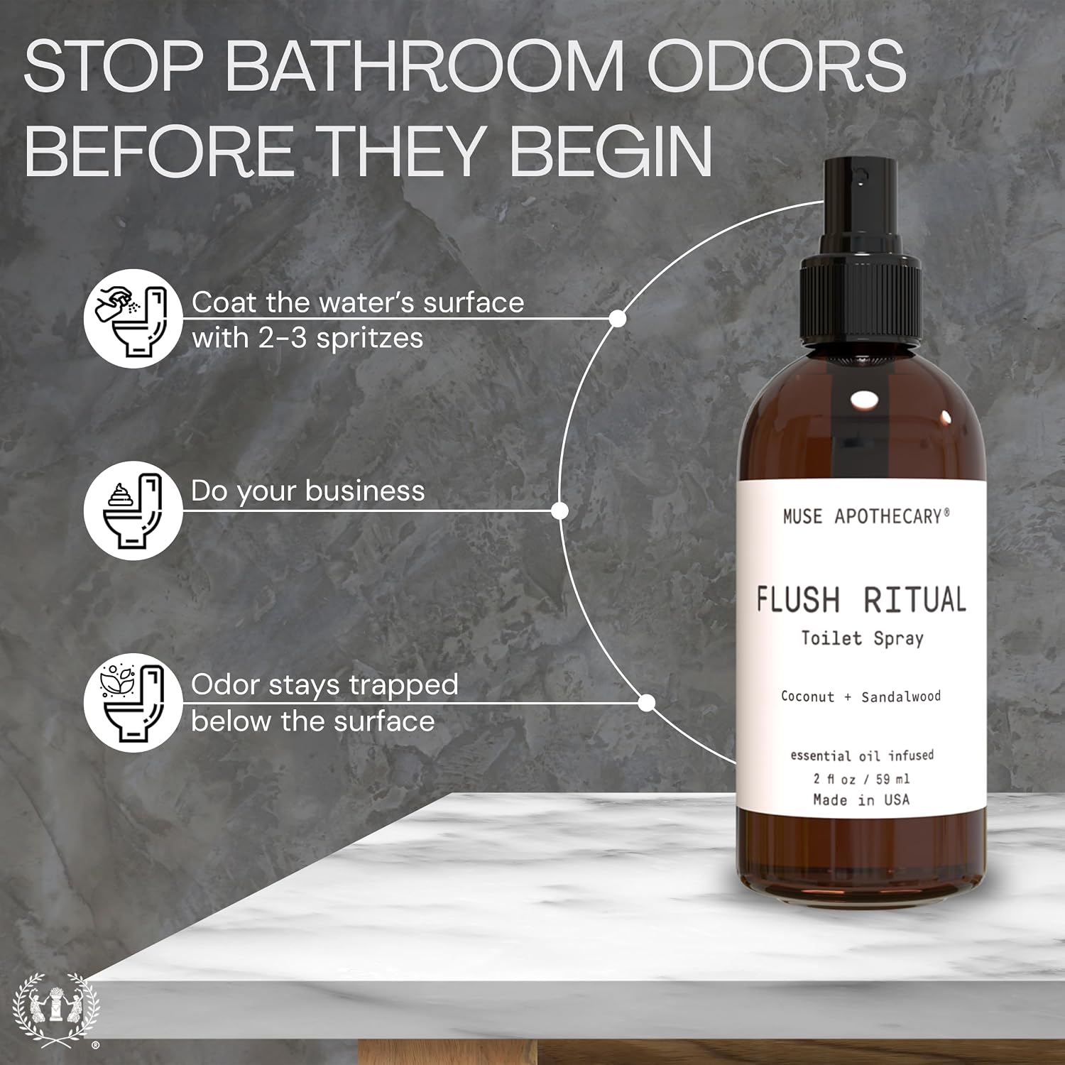 Muse Apothecary Flush Ritual - Aromatic & Refreshing Toilet Spray, Use Before You Go, 2 oz, Infused with Natural Essential Oils - Coconut + Sandalwood, 2 Pack