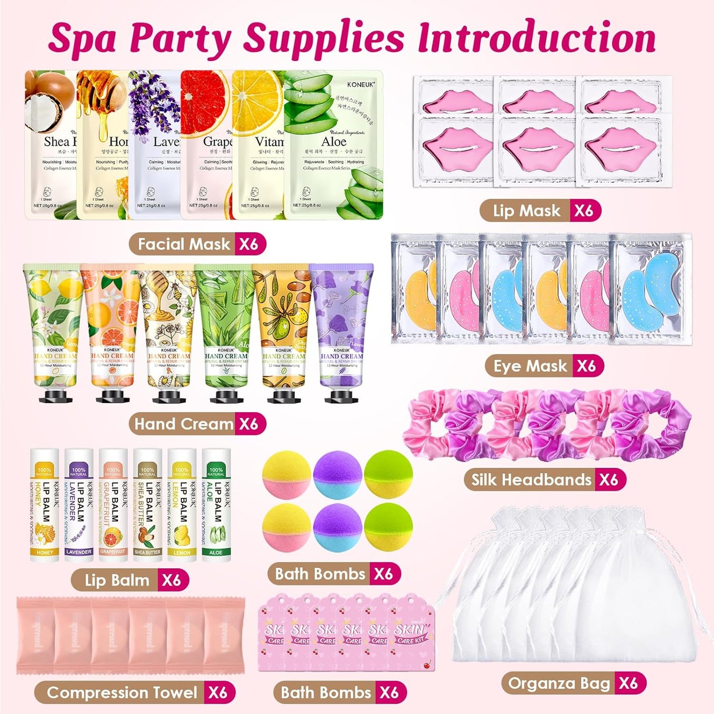 60PCS Spa Party Supplies for Girls, Include Face Masks, Hand Cream, Lip Balm, Foot Bath Bombs, Lip Mask, Under Eye Patches, Compressed Towels, Spa Birthday and Sleepover Party Supplies for Girls Women