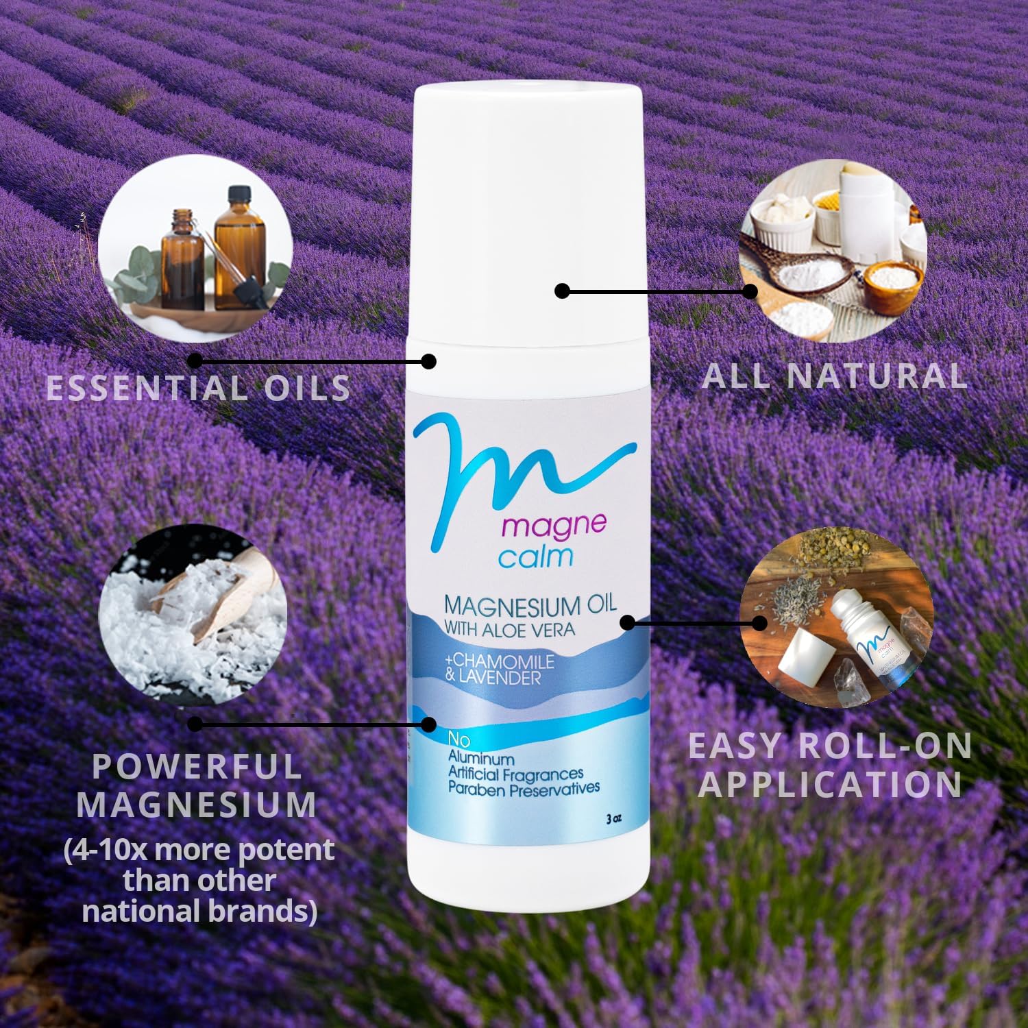 MagneCalm Roll-On with Lavender & Chamomile - Soothing Magnesium, 3 oz