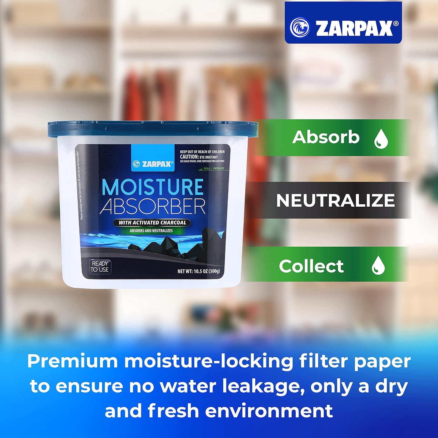 ZARPAX Moisture Absorber Activated Charcoal 10.5 oz/300g | Removes Moisture, Damp, Humidity & Odors | Odor Absorber | Moisture Trap for Bathroom, Closet, Kitchen & Small Spaces | Set of 4