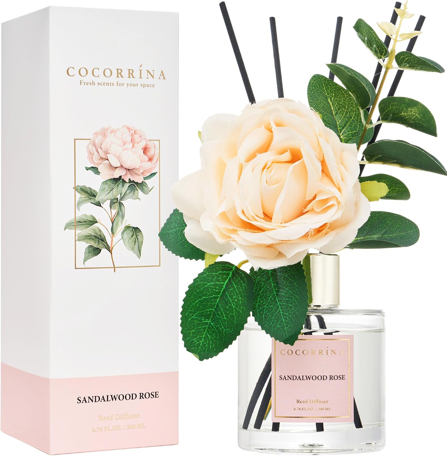 Cocorrina Reed Diffuser Set, Flower Reed Diffuser Sandalwood Rose 6.7 oz, Scented Diffuser with Sticks Home Fragrance Essential Oil for Bathroom Shelf Decor, Living Room, Large Room, 1pack