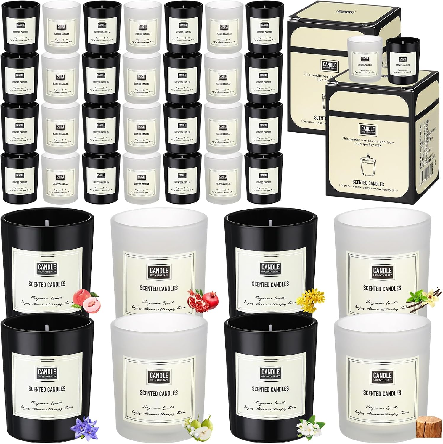 Threlaco 72 Pcs Scented Candles Bulk Home Aromatherapy Candle Gift for Women 8 Fragrance Long Lasting Soy Wax Jar Candles for Mother's Day Thanksgiving Christmas Coworker Employee (Fresh, Black White)