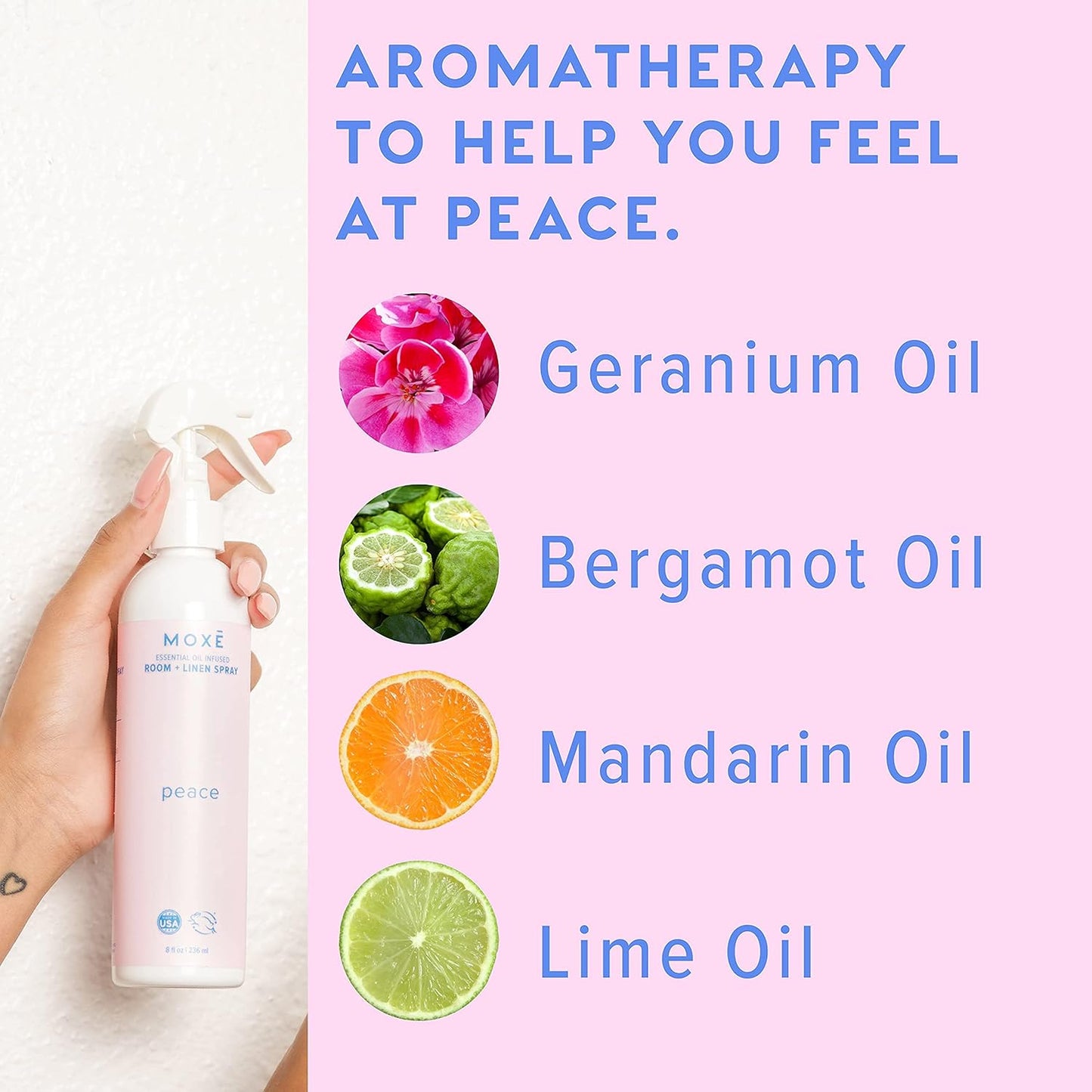 MOXĒ Peace Linen & Room Spray, Zen-Ful Essential Oils, Natural Aromatherapy Mist, Home & Bedroom, Office, Furniture, Bedding, Pillows, Sheets, Bergamot, Lime, Mandarin, Geranium, 8 Ounces (1 Pack)
