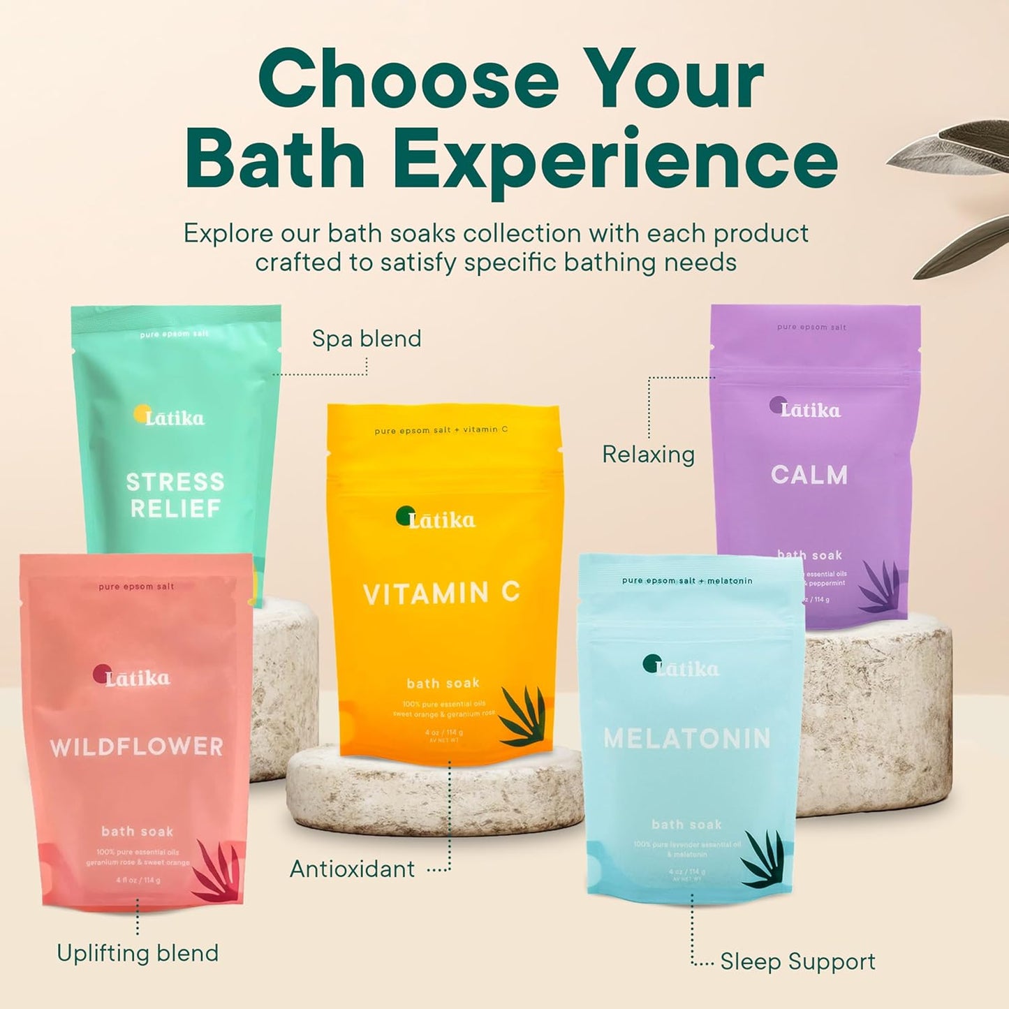 Latika Bath Soak Stress Relief Set of 3 - Wildflower, Melatonin, Vitamin C - Moisturizing Bath Soak with Epsom Salt & Essential Oils for Stress Relief, Muscle Recovery, & Relaxation - At-Home Spa