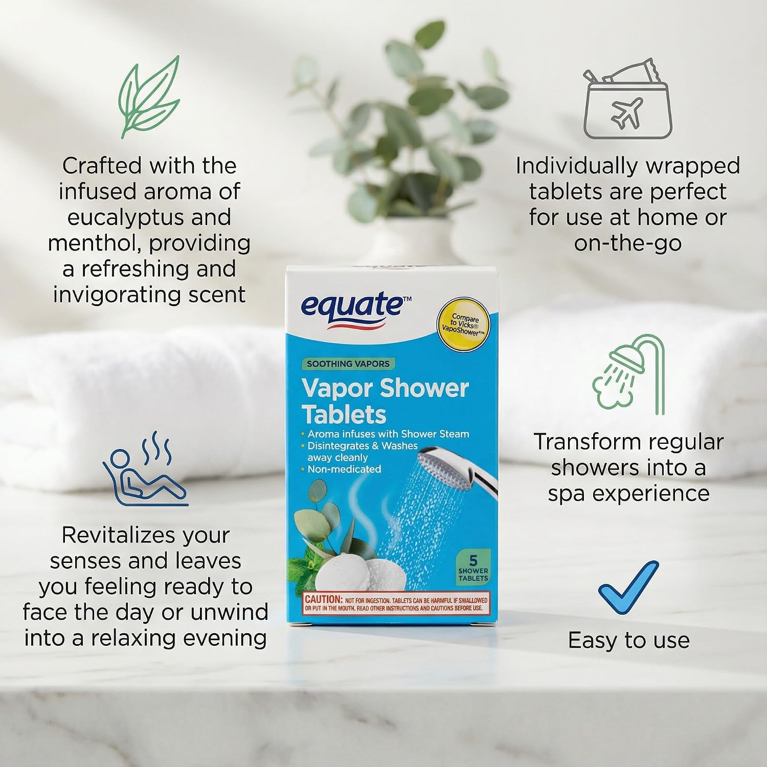 Vapor Shower Tablets 5 Count, Eucalyptus and Menthol Shower Steamers, Steam Shower Tablets, Individually Wrapped Shower, Non-Medicated.