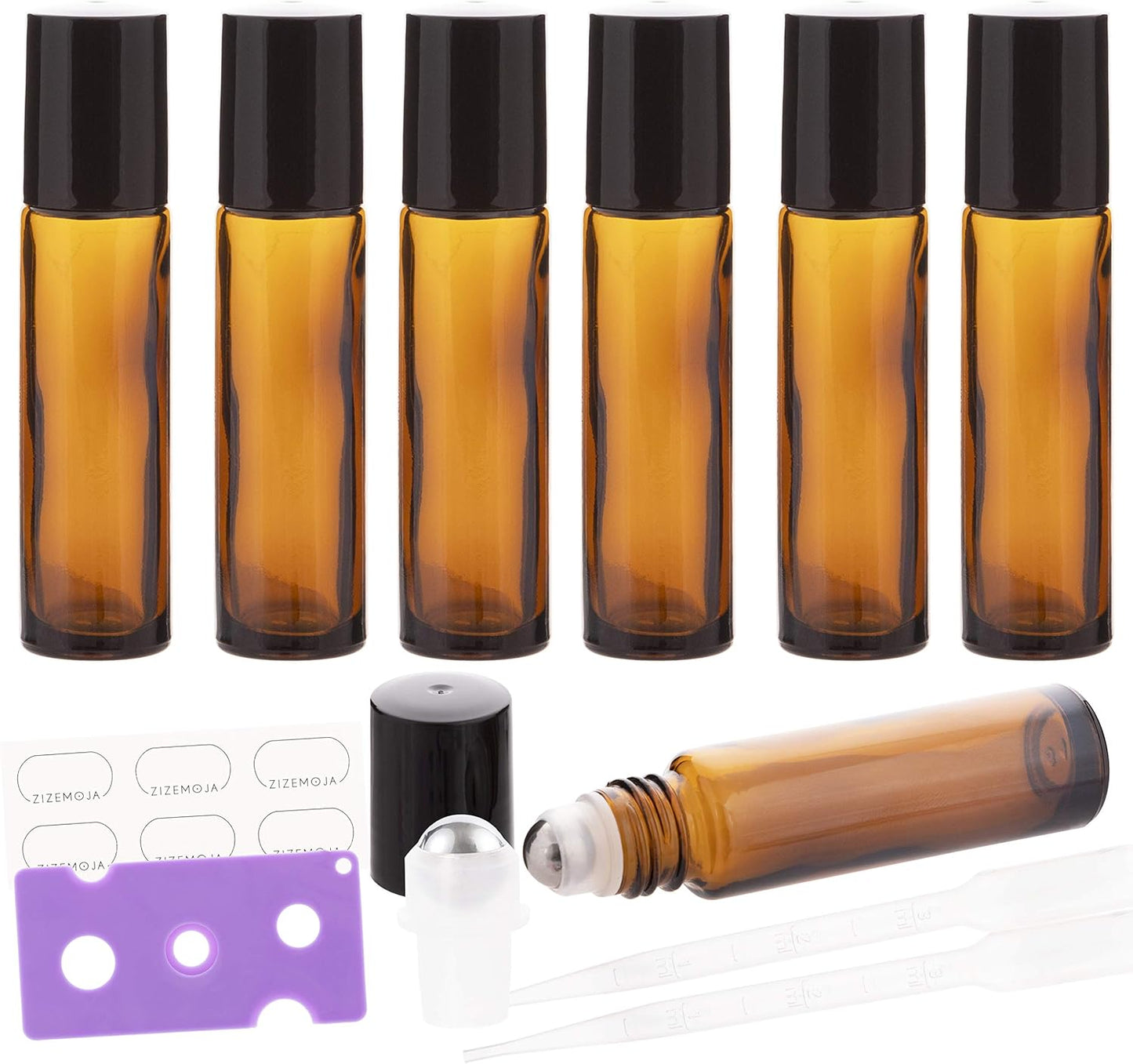 6Pcs 10ml Essential Oil Roller Bottles, with Stainless Steel Roller Balls, 10ml Amber Glass Roll on Bottles for Essential Oils, 1 Extra Roller Ball, 6 Labels, 1 Openers, 2 Droppers Included
