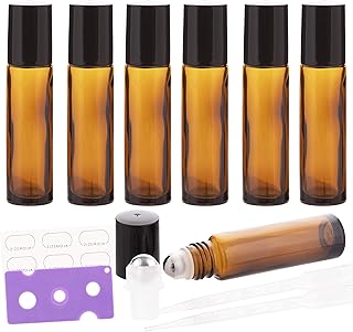 6Pcs 10ml Essential Oil Roller Bottles, with Stainless Steel Roller Balls, 10ml Amber Glass Roll on Bottles for Essential Oils, 1 Extra Roller Ball, 6 Labels, 1 Openers, 2 Droppers Included