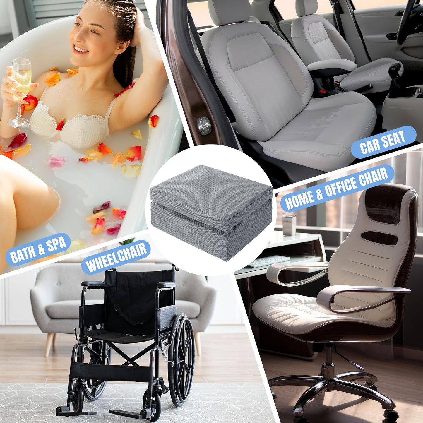 MABOZOO 2 Pcs Foldable Hot Tub Booster Seat, Adjuatable 2 Heights Extra Thick Hot Tub Pillow Bath Seat with Back Support Cushions, Washable Bathtub Cushion for Indoor Outdoor (Gray)