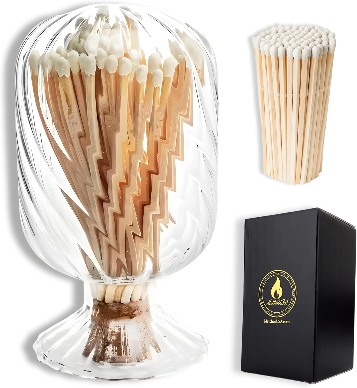 Includes Matches! | Helix Spiral Shaped Glass Matches Cloche | Spiral Decorative Match Holder Jar for Candles Set Display