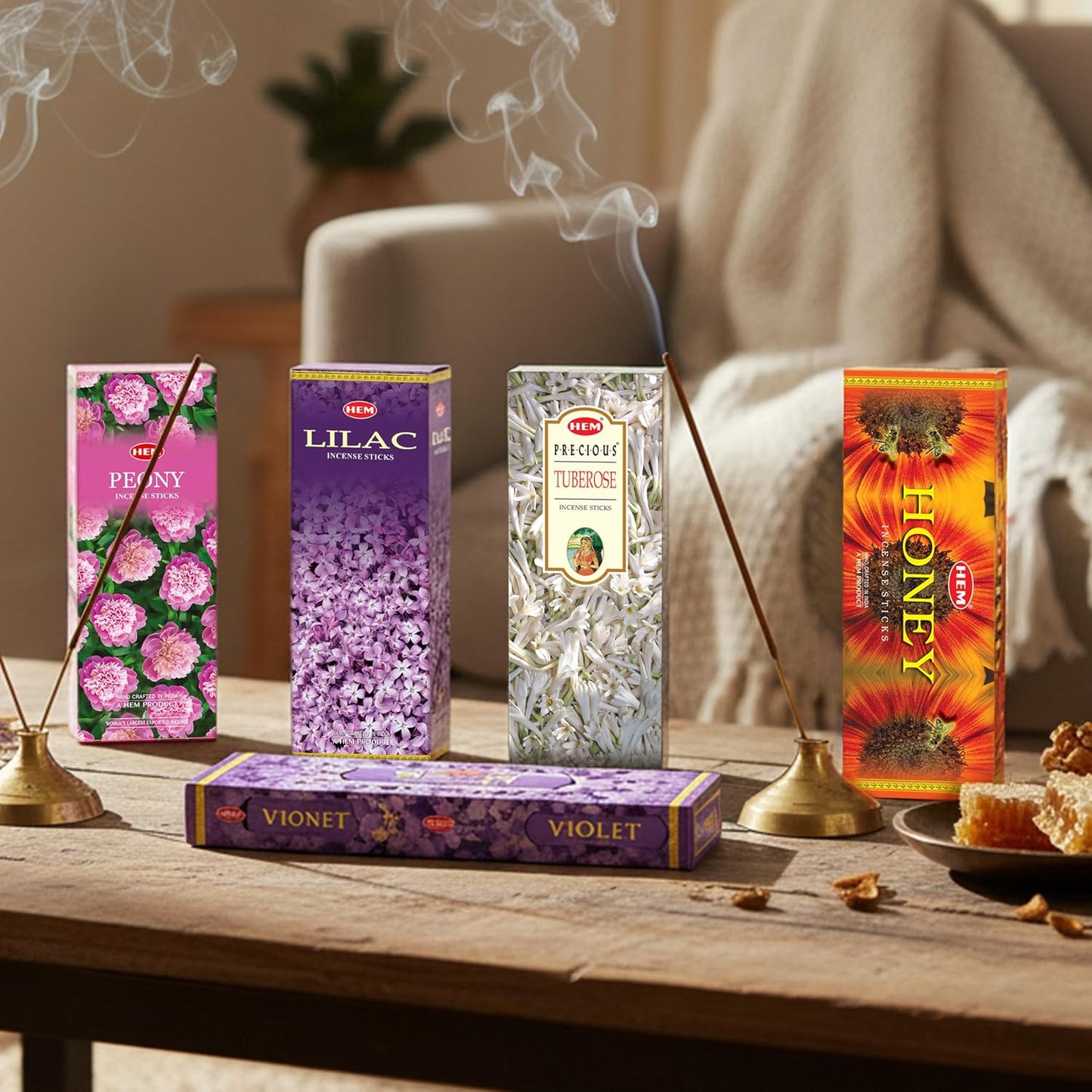 Hem Assorted Incense Sticks | Natural Fragrance | Positive Energy & Spiritual Wellness | Multiple Scents | Pack of 6 (Peony, Honey, Lilac, Violet, Tuberose, Lavender)