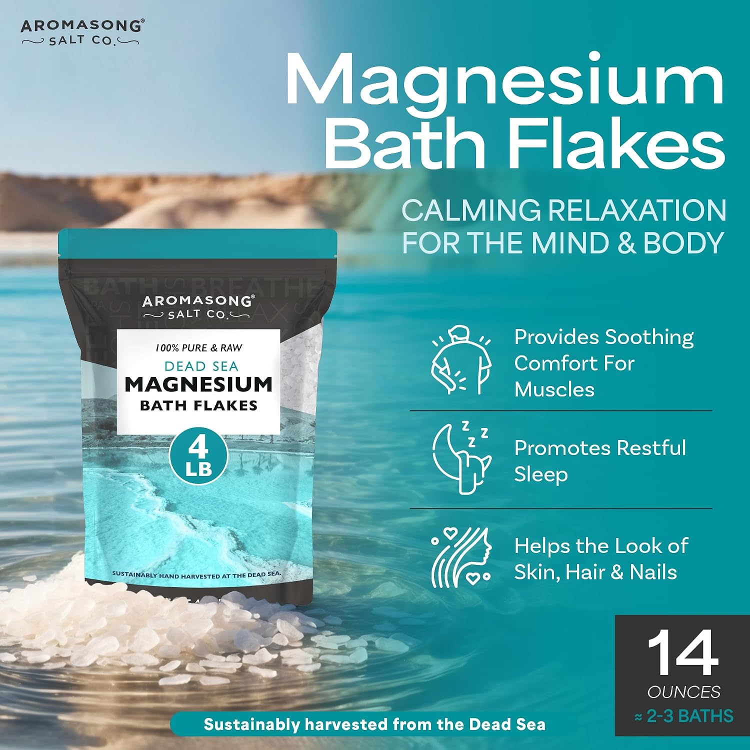Aromasong Dead Sea Magnesium Flakes for Bath - More Than 16,325 Mg Magnesium Chloride per Bath - Superior Alternative to Epsom Salt - Used as Muscle & Foot Soak - 4 Lb Bag