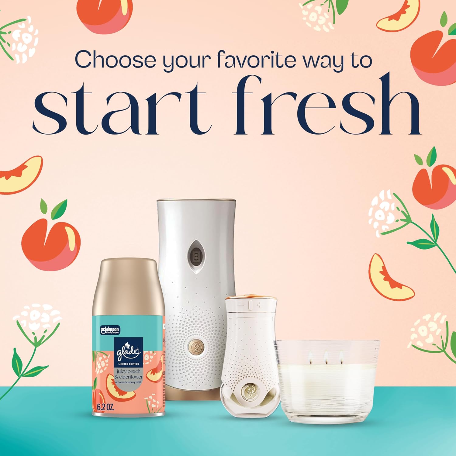 Glade Automatic Spray Refill, Juicy Peach & Elderflower, Scented Air Freshener for Home and Bathroom, 6.2 Oz, 2 Count