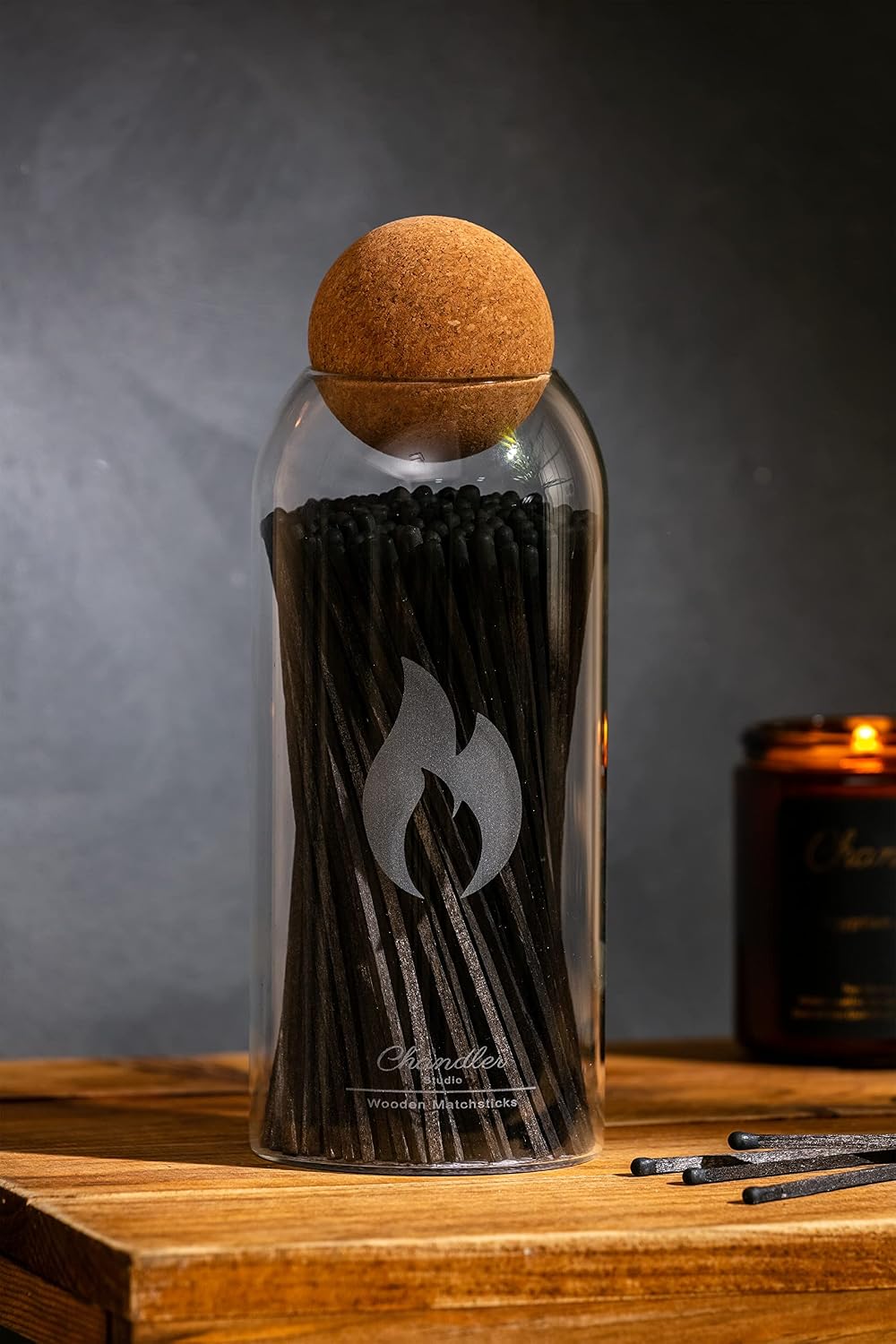 Fireplace - Candle Matches | Apothecary Decorative Glass Bottle - Approx. 200 Long Matchsticks in Jar (All Black)