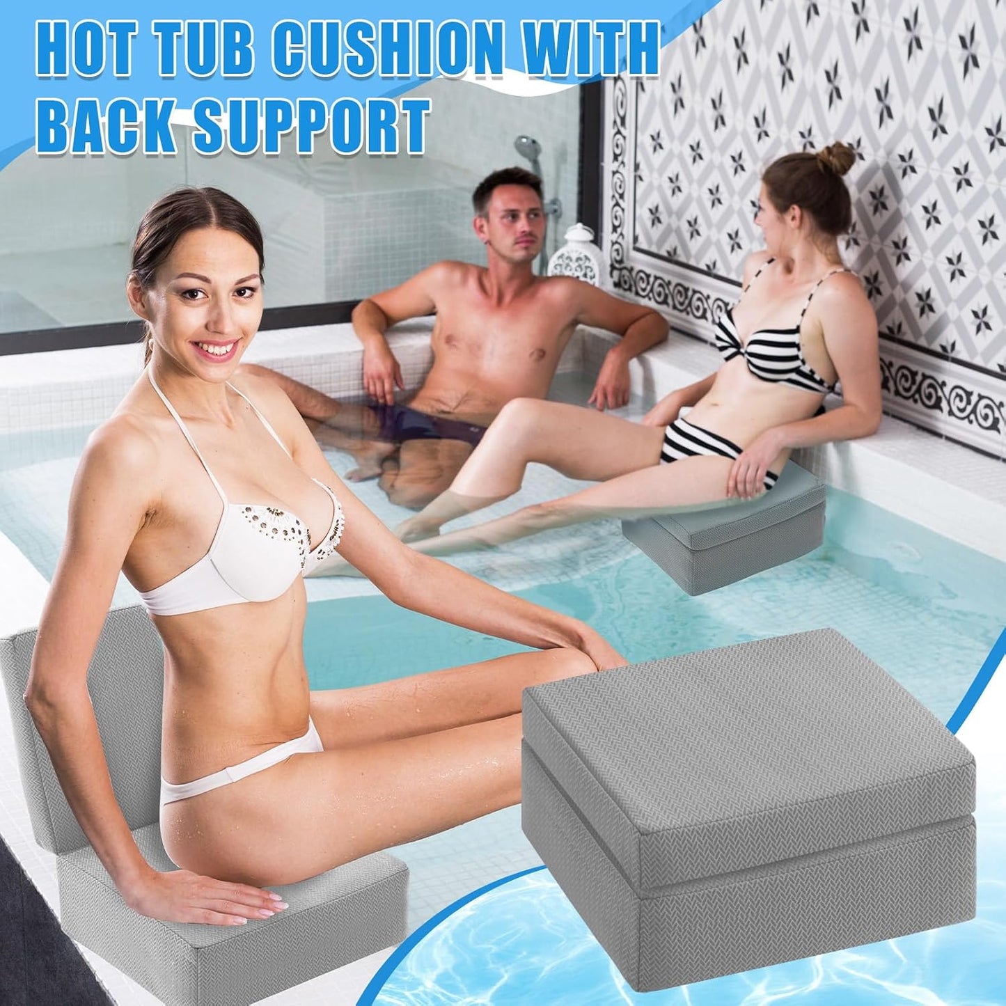 4 Pcs Foldable Hot Tub Booster Seat with Back Thick Hot Tub Pillow Adjustable 2 Heights Bath Seat Weighted Bathtub Booster Cushion Washable Spa Cushion for Indoor or Outdoor (Gray)