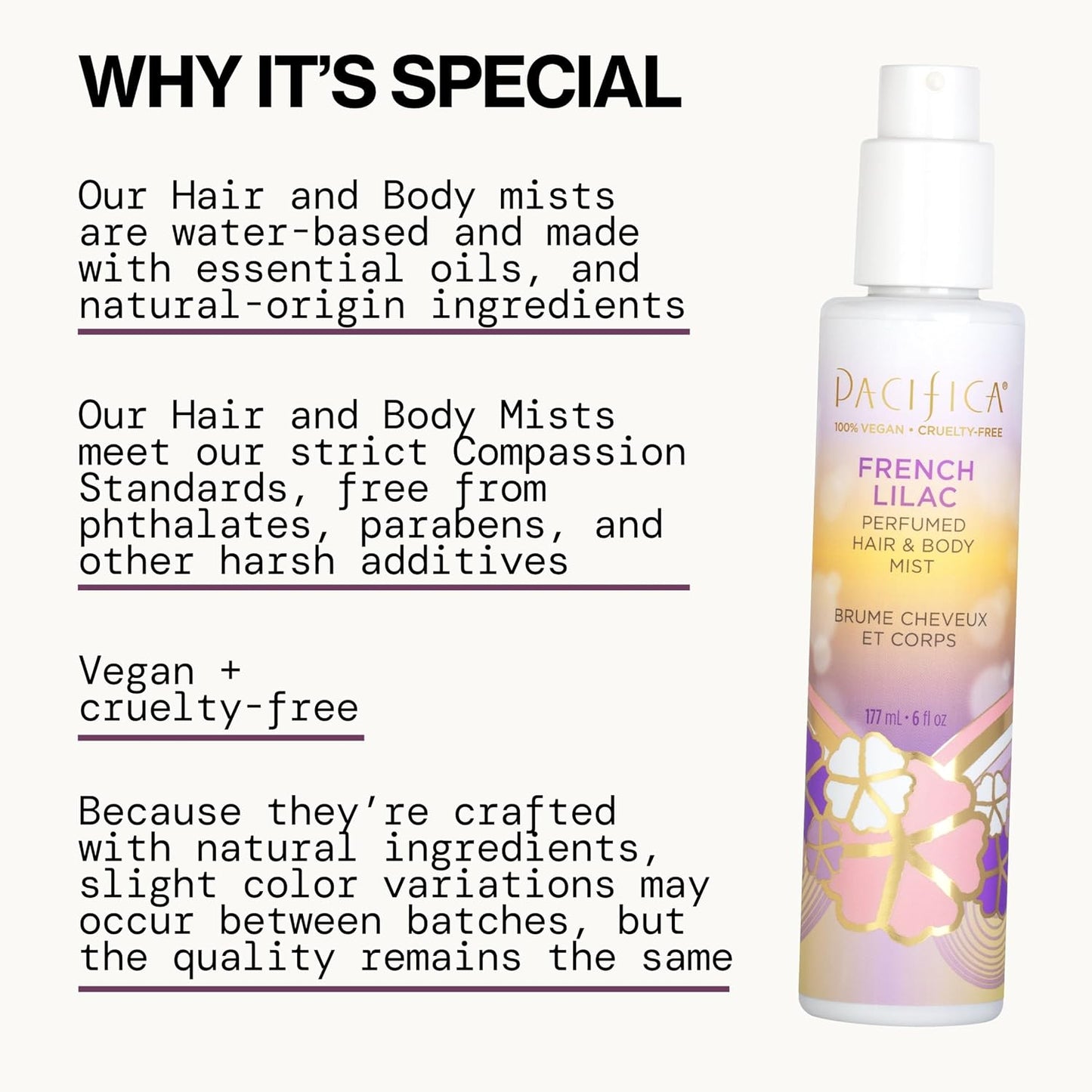 Pacifica French Lilac Hair & Body Mist – Clean Vegan Floral Hair Perfume Spray for Women, Fresh-Cut Lilac, Magnolia & Heliotrope Notes, Alcohol-Free Head-to-Toe Fragrance, Cruelty-Free, 6 Fl Oz