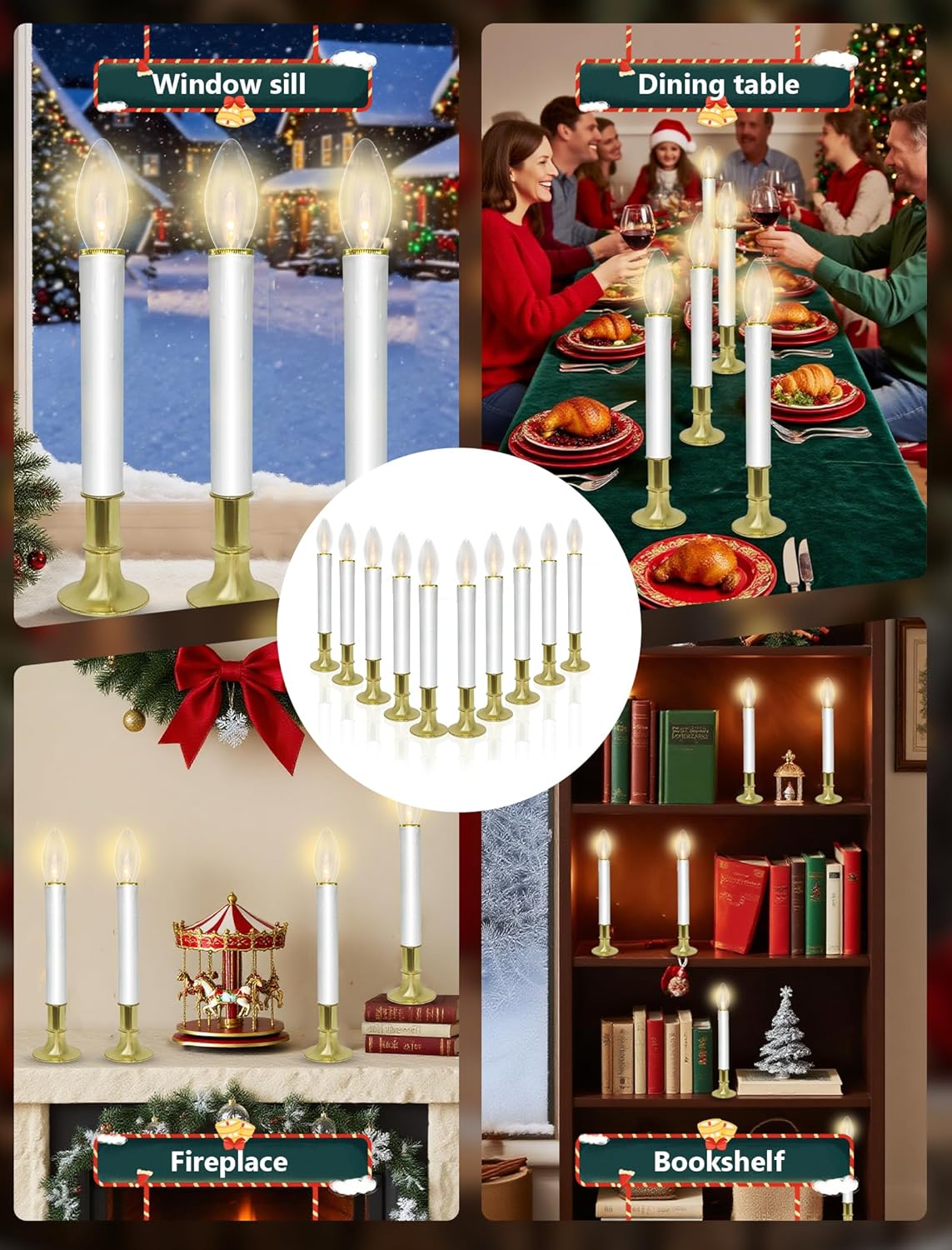 10 Pack Ultra-Bright LED Christmas Window Candles with Brass-Plated Base, Battery Operated Flameless Candles with LED C26 Warm White Bulbs Christmas Window Lights for Holiday Home Wedding Decorations