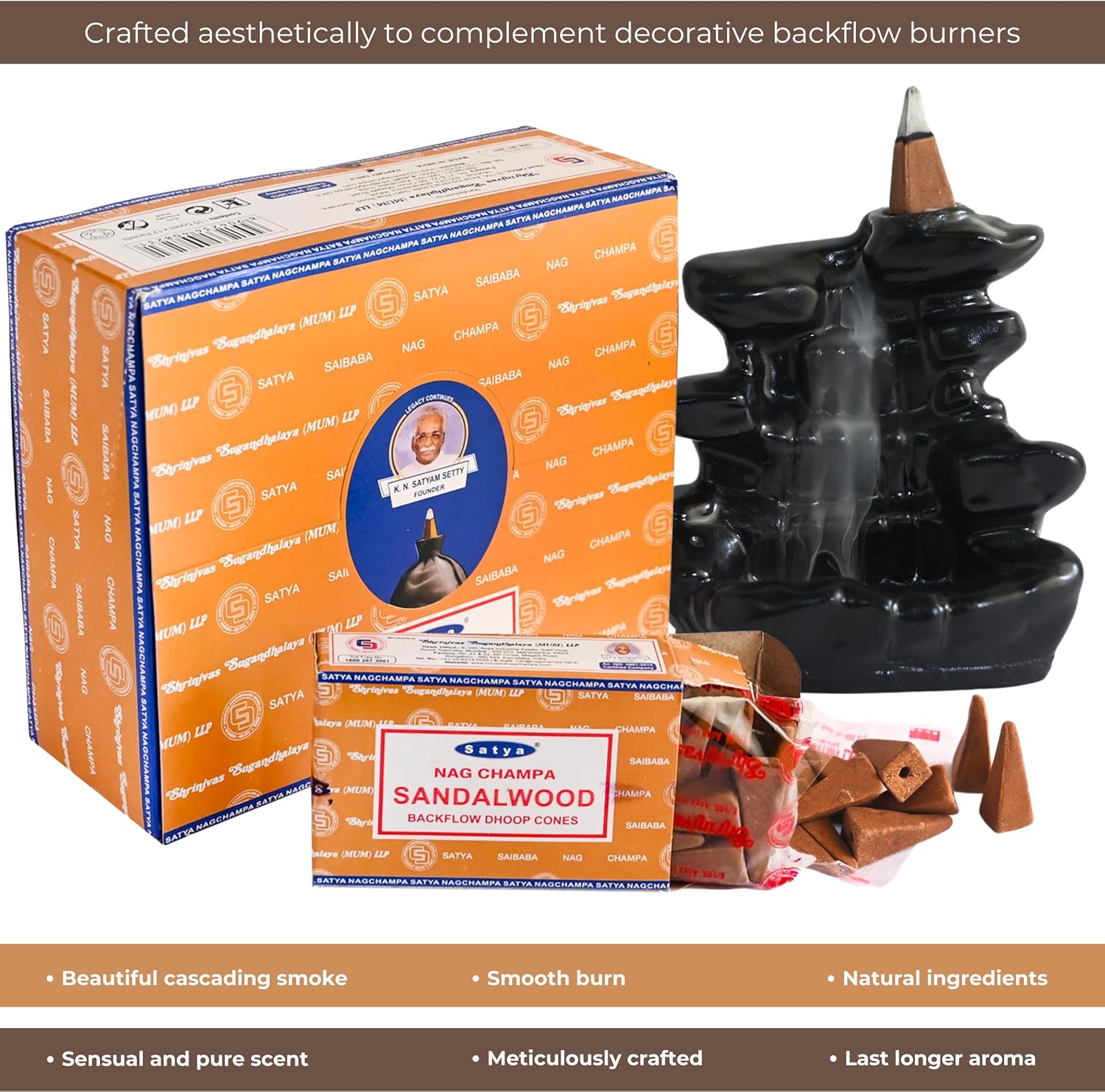Sandalwood Backflow Incense Cones for Waterfall Aromatic Smoke Fountain Haze Falls and Mat Bundle - Pack of 12
