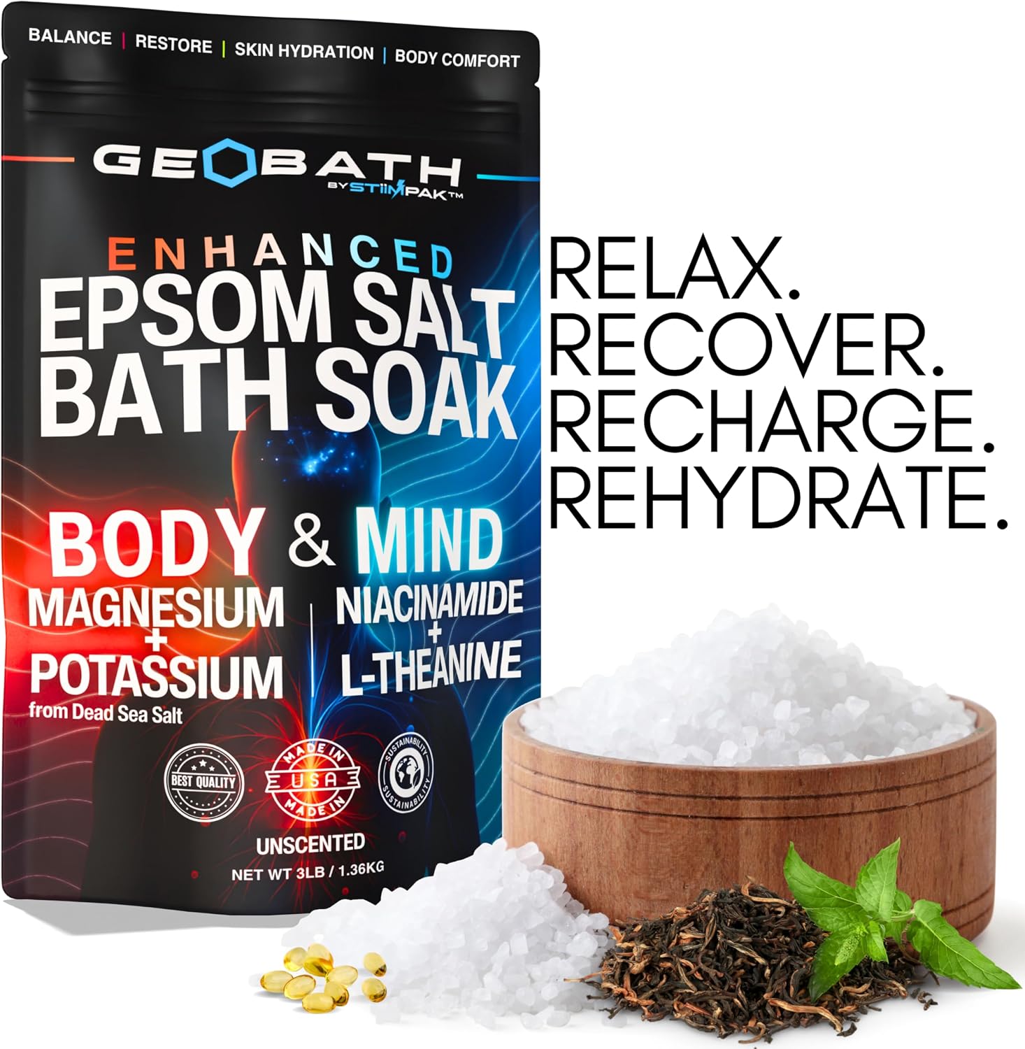 Magnesium Epsom Salt Bath Soak with Dead Sea Salt | Hydrating Skin Care & Muscle Relief with L-Theanine, Niacinamide & Potassium | Stress Relief & Relaxation for Body & Mind | GEOBATH | 3lb