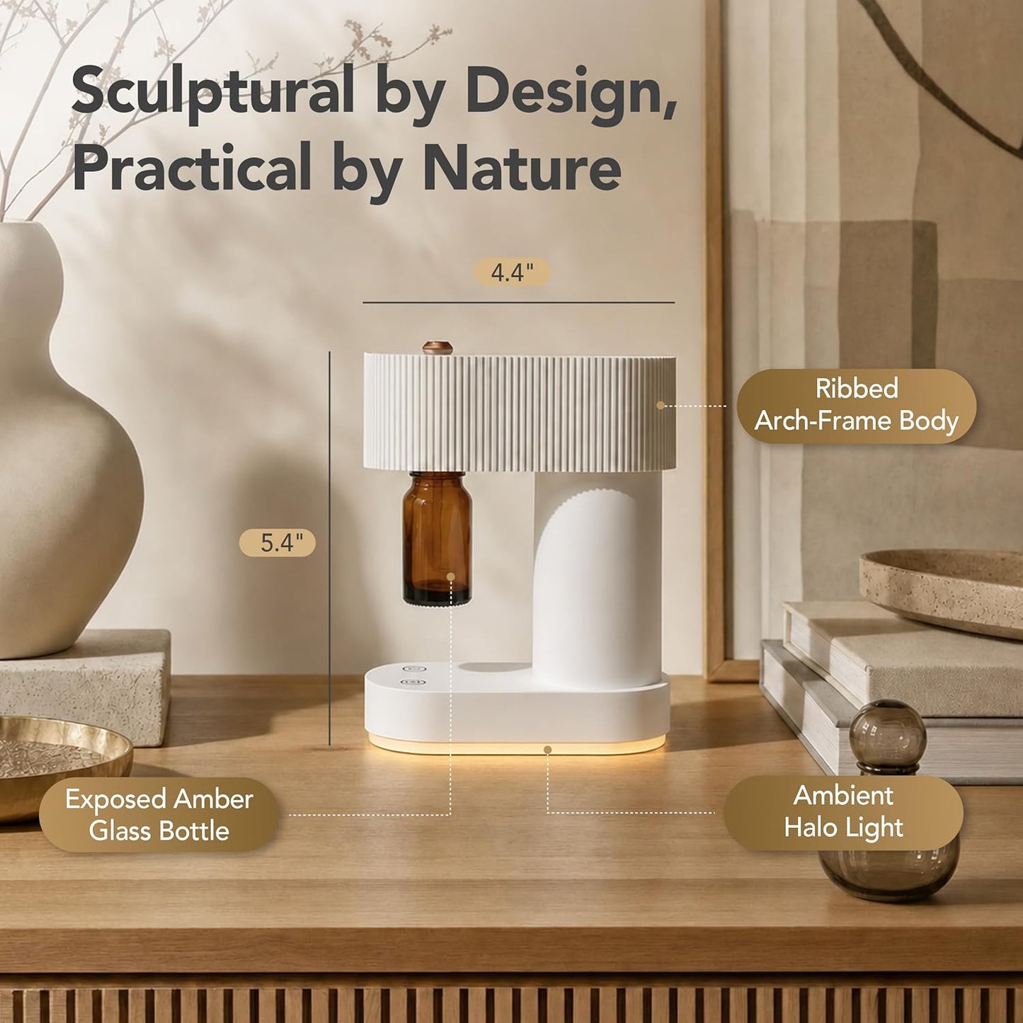 Waterless Essential Oil Diffuser Cordless Nebulizing Aroma Diffuser Whisper-Quiet 38dB USB-C Rechargeable Sculptural Korean Design Fits 10ml & 15ml Bottles Compact for Bedroom Office Spa