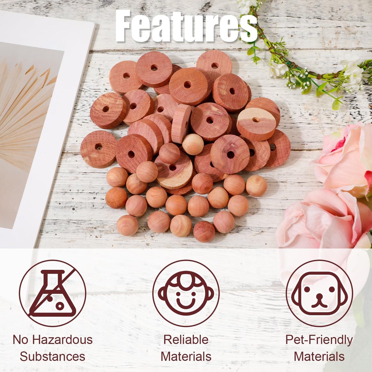 50pcs Cedar Chips for Clothes Storage, 20 Cedar Balls &30 Cedar Rings Wood Cedar Chip Accessories Redolent Cedar Blocks for Clothes Storage Houses Drawers Closets