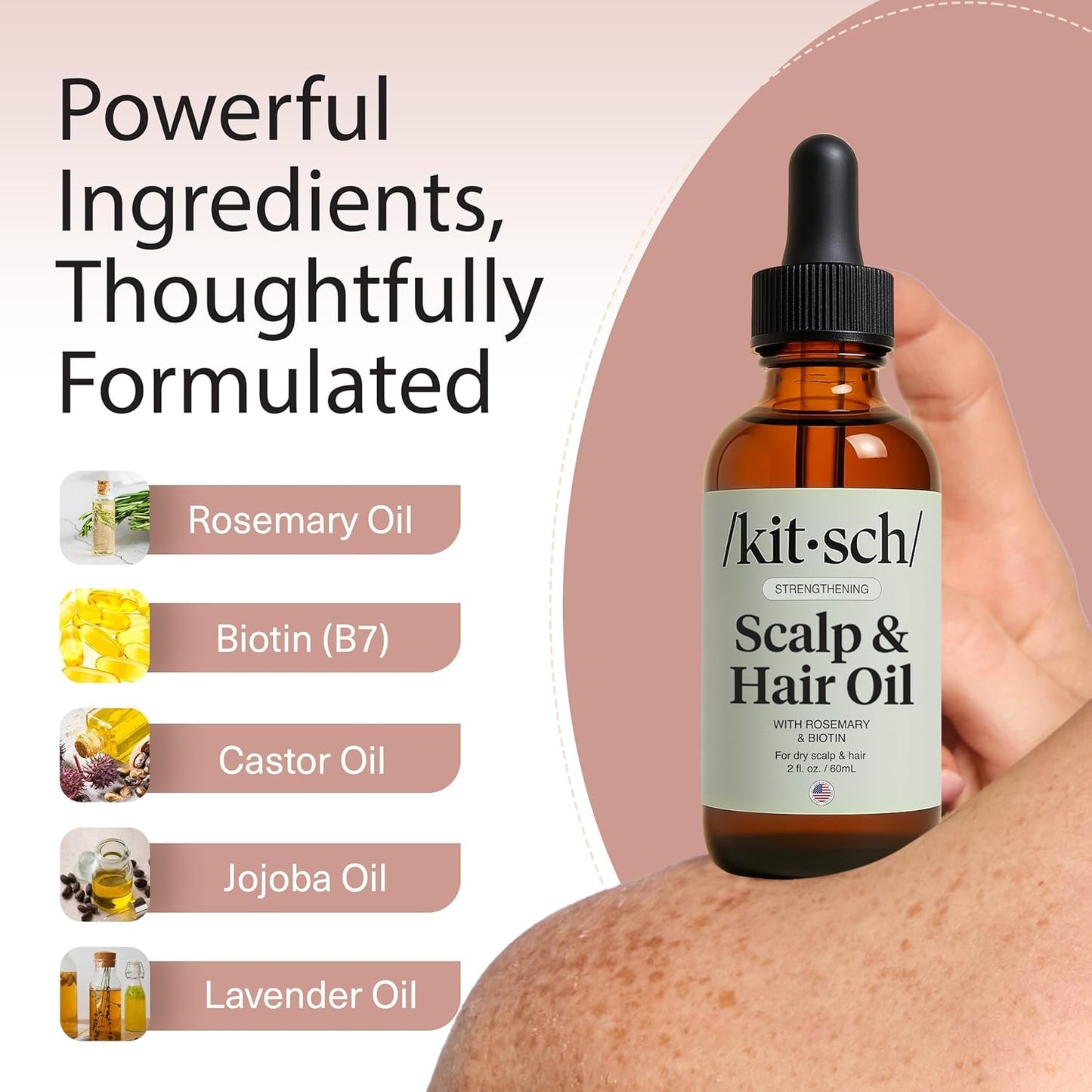 Kitsch Rosemary Oil for Hair Growth – Pre-Wash Hair Oil with Castor, Biotin, Jojoba – Hair Care, Adds Shine, Strengthens Roots, Scalp Treatment | Ideal Gifts for Women – Lavender Scent, 60mL