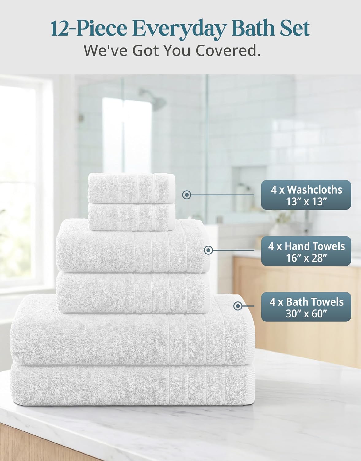 Casa Platino 100% Cotton Turkish Bath Towel Set 12 Pieces - Super Soft, Absorbent & Quick Dry - 4 Bath, 4 Washcloths, 4 Hand Towels for Bathroom - Hotel Quality, Ideal for Spa, Gym & Travel - White