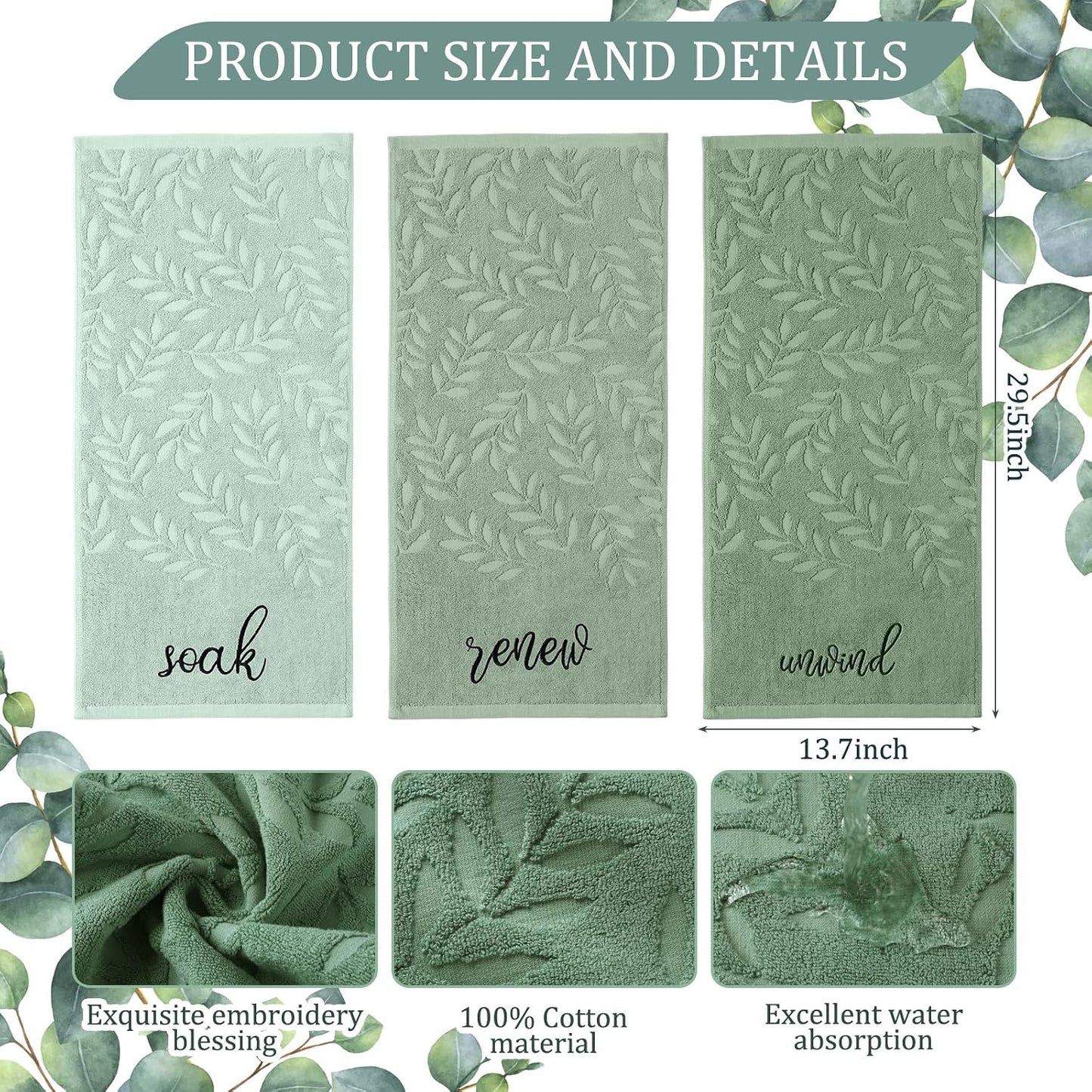 Moukeren 3 Pcs Sage Green Hand Towels for Bathroom 100% Cotton Jacquard Embroidered Leaves Soak Unwind Bath Towels Bathroom Spa Kitchen Dishcloth Gift Set Farmhouse Decorations