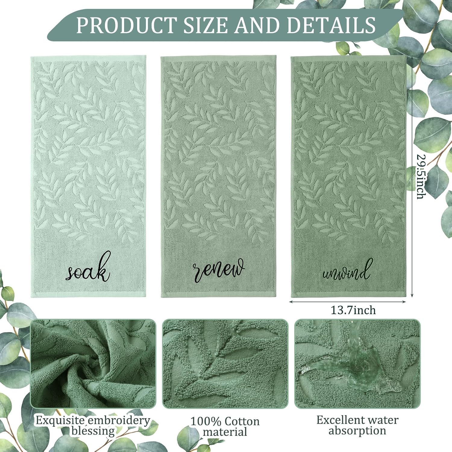 Moukeren 3 Pcs Sage Green Hand Towels for Bathroom 100% Cotton Jacquard Embroidered Leaves Soak Unwind Bath Towels Bathroom Spa Kitchen Dishcloth Gift Set Farmhouse Decorations