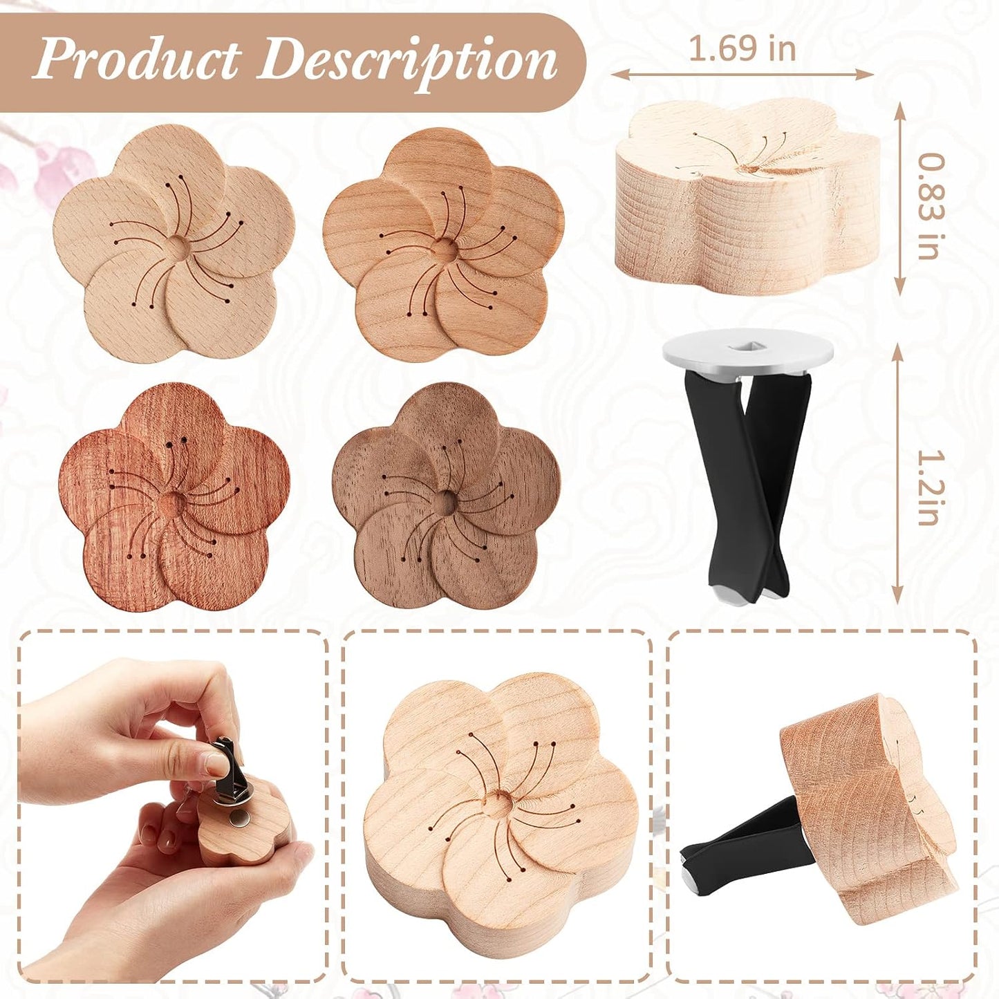 Zubebe Aroma Wood Essential Oil Diffuser 4 Packs Minimalistic Decor Car Air Freshener Flower Diffuser with Aromatherapy Clip for Car Office Bedroom