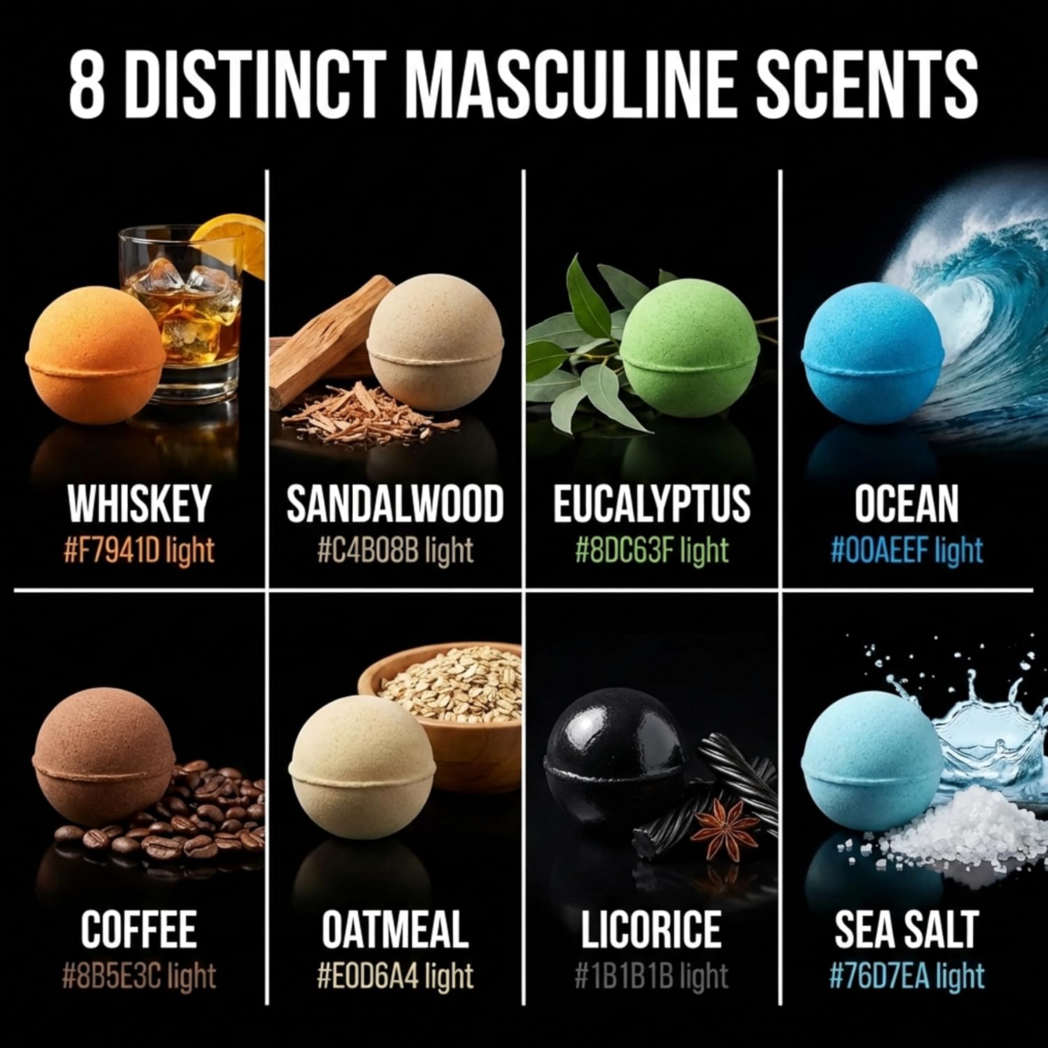 Bath Bombs for Men - Gift Set of 8 Scented Organic Handmade Bath Bombs of 2.5 oz with Natural Essential Oils, Unique Strong Manly Scents, for Boyfriend, Husband, Father or Friend, by ZenseMe