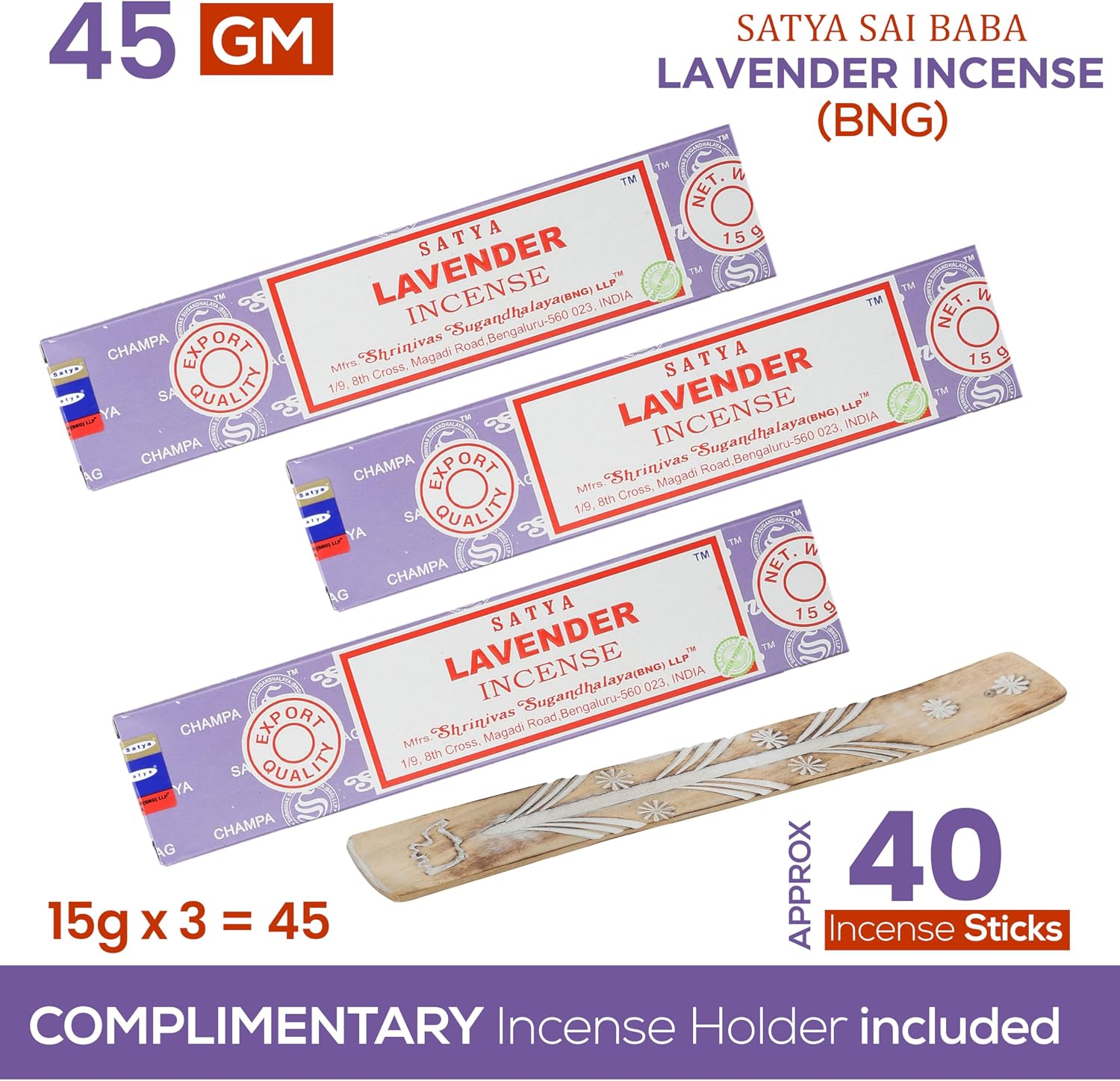 Satya Lavender Incense Sticks, Satya Bng (Bangalore) Insenses 15gmx3 Pack (45 GMS) with Raajsee Incense Holder Bundle, Satya Nagchampa Natural Incense