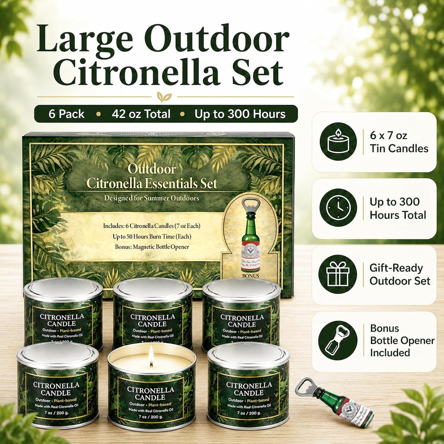 Citronella Candles Outdoor,6 Pack 42 oz Soy Wax Tin Candles with 7% Citronella Oil, Bonus Magnetic Bottle Opener, Up to 300 Hours, for Patio, Backyard, Camping, BBQ & Garden