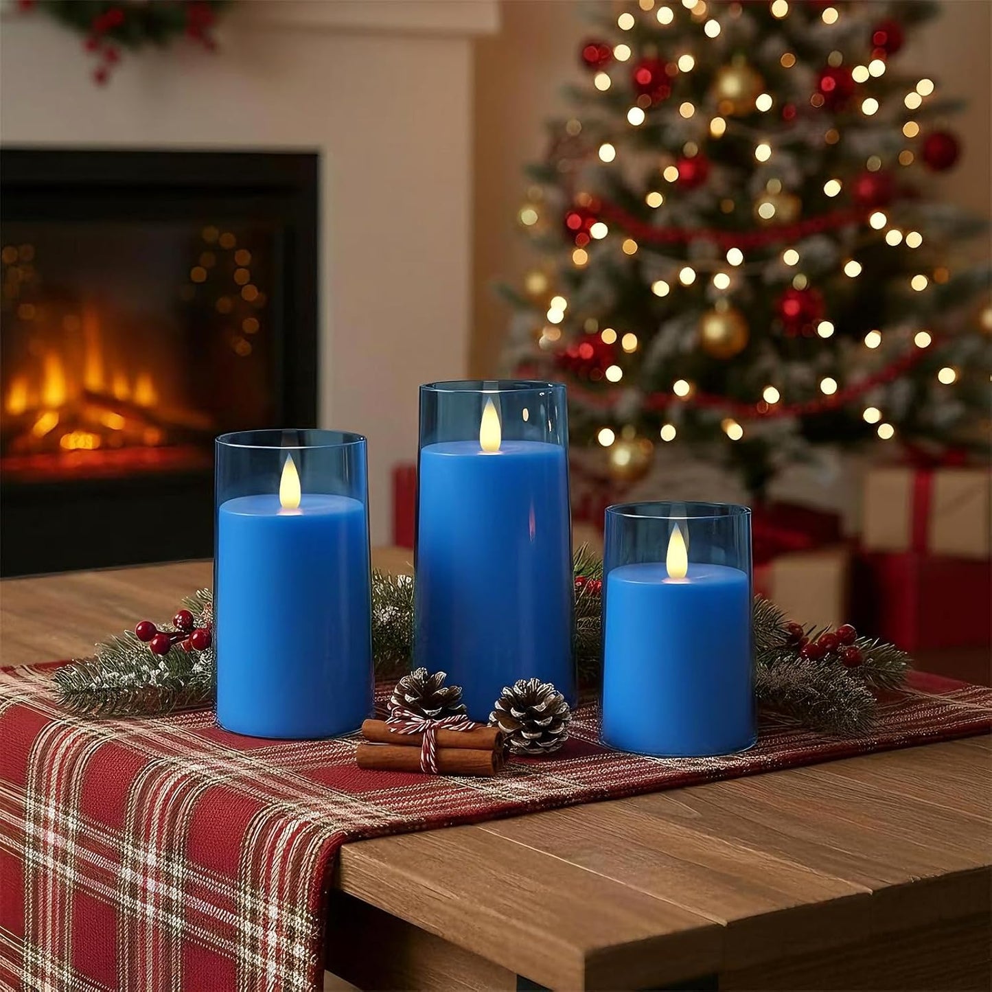 Raycare Flameless Electronic Pillar Candles with Remote Control and Timer- Battery Operated Realistic Flickering LED Fake Candle for Home, Wedding, Valentine's Day Decor,Blue,Set of 3(3"x4"5" 6")