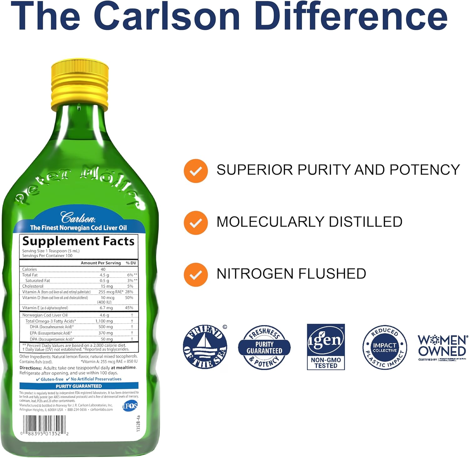 Carlson - Cod Liver Oil 1100 mg Omega-3s Plus Vitamins A & D3, Wild Caught Norwegian Arctic, Sustainably Sourced Nordic Fish Oil Liquid, Lemon, 500 mL (16.9 Fl Oz)
