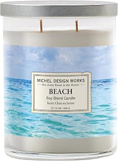 Michel Design Works Beach Scented Candle, 14 oz Soy Blend Dual Wick Candle, Glass Tumbler Jar with Lid, 75 Hour Burn Time, Clean Marine Coastal Home Fragrance Gift
