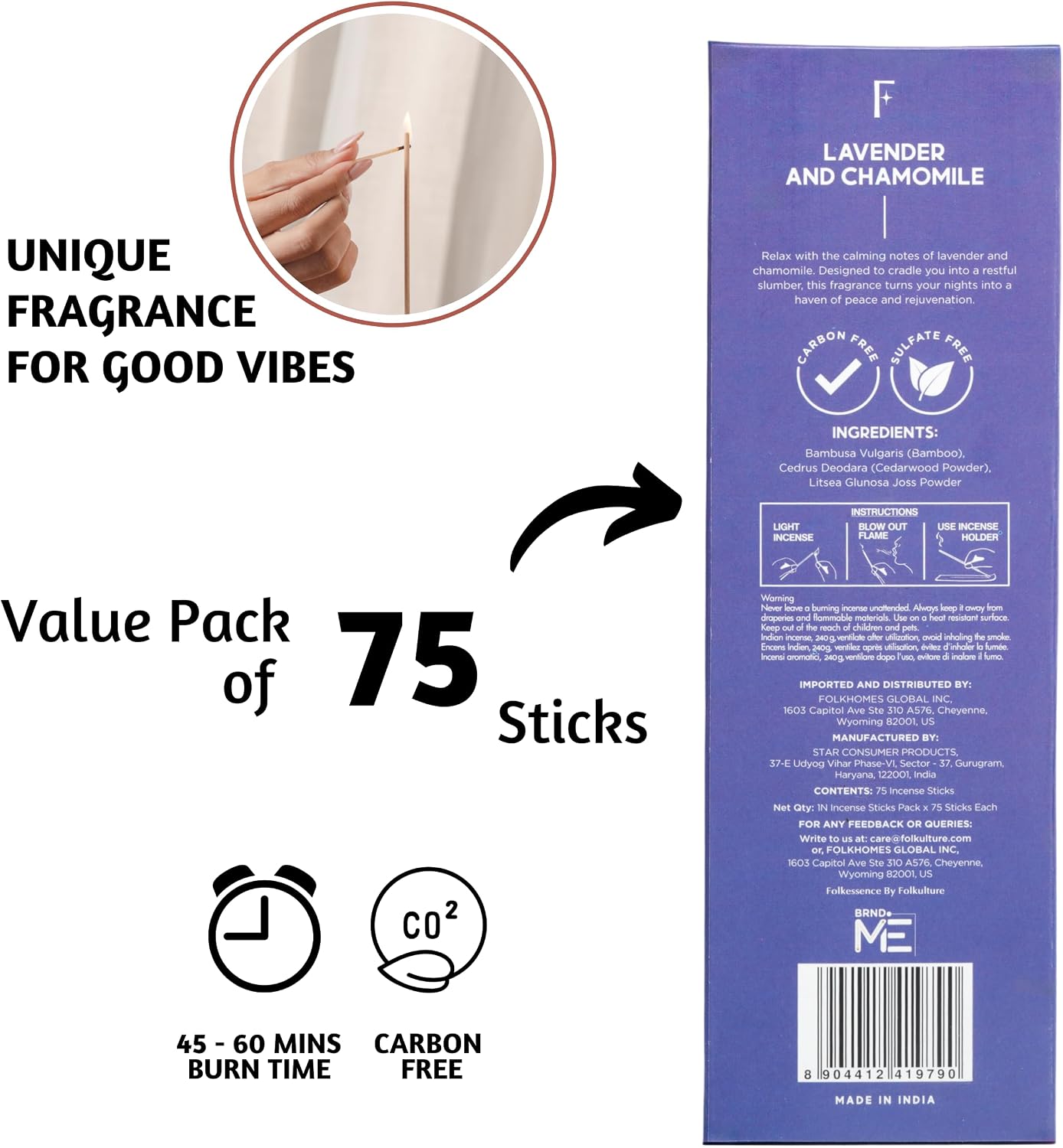 Folkulture Incense Sticks (75 Sticks) | 8" Premium Lavender & Chamomile Incense Sticks for Deep Sleep, Aromatherapy, Relaxation Gifts | No Charcoal, Non Toxic, 45 Mins, Long Burning Insence-Sticks