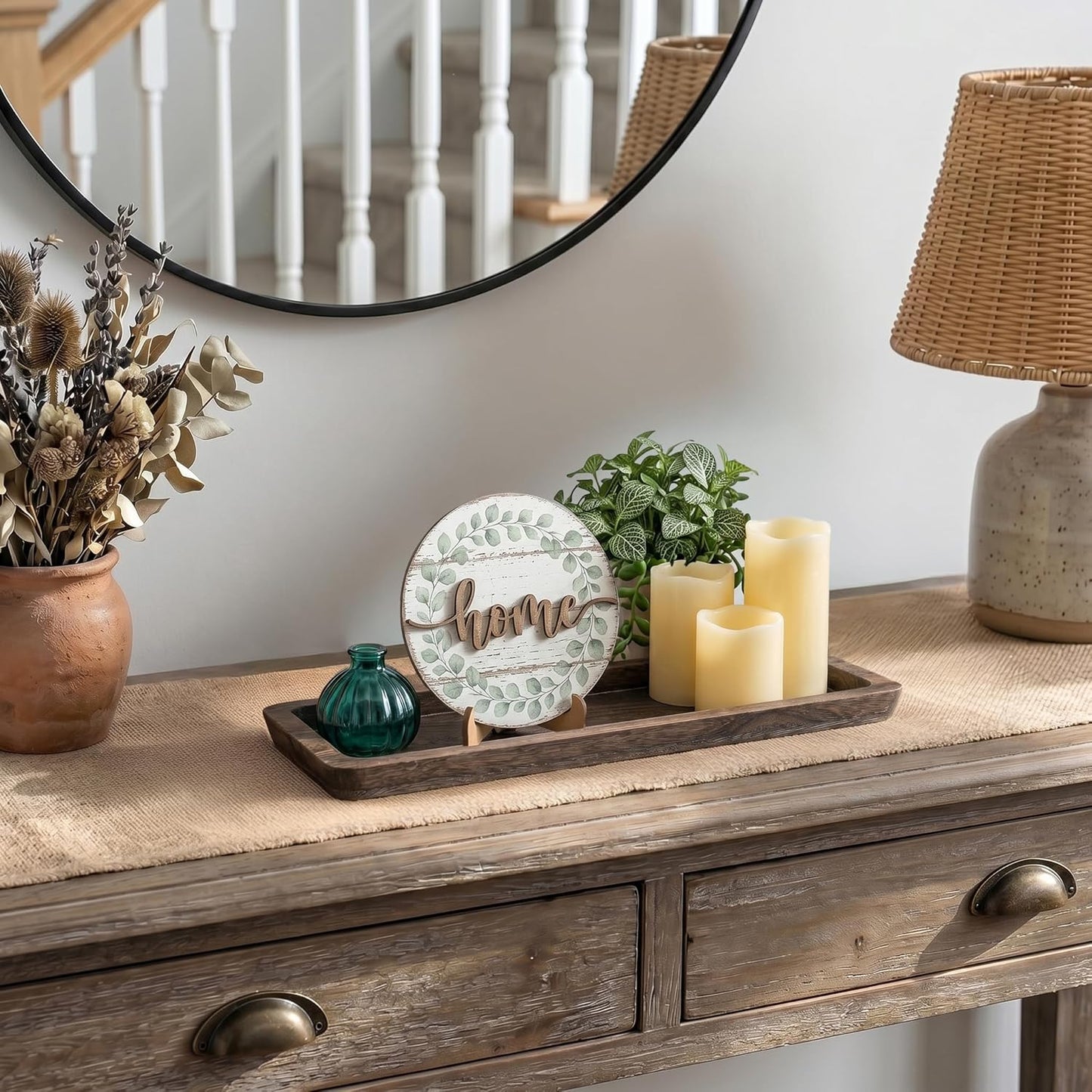 Romadedi Wooden Decorative Tray Candle Holder - Wood Long Narrow Tray Home Decor Small Rustic Centerpieces Trays for Coffee Table Dining Room Kitchen