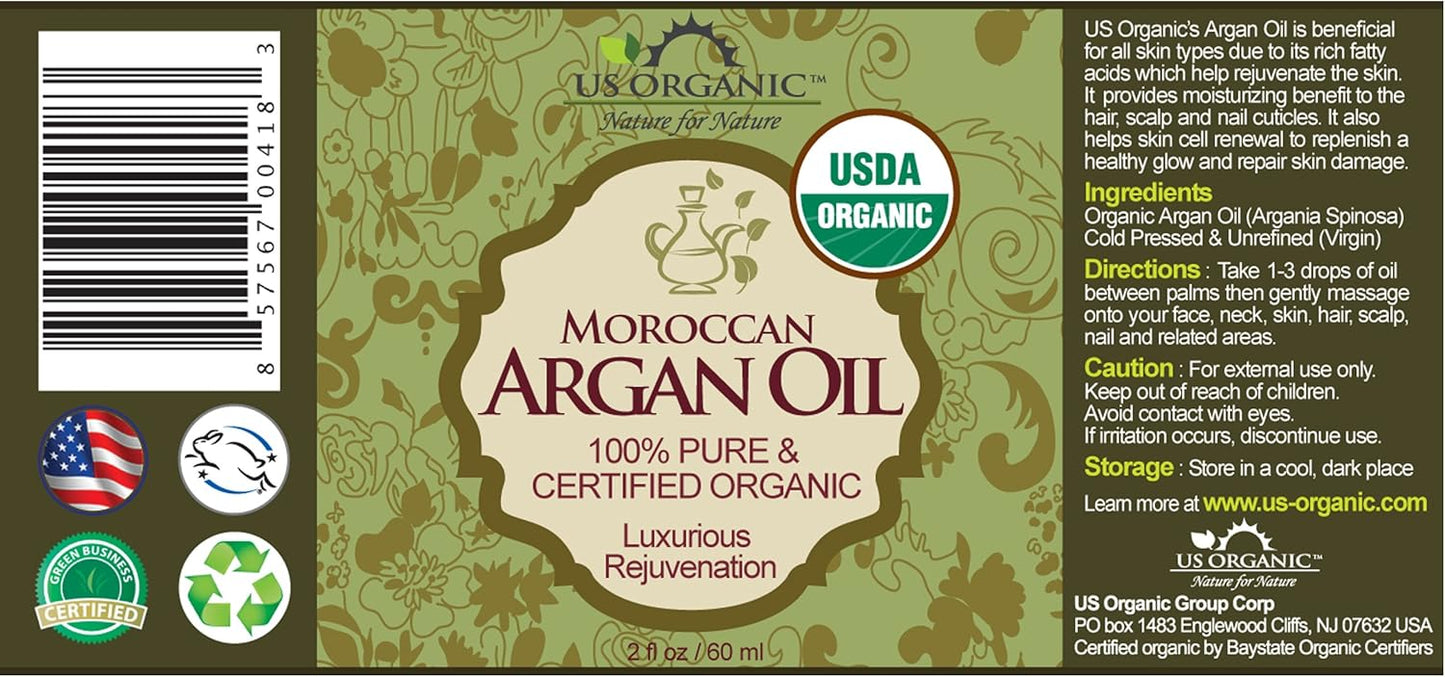 US Organic Moroccan Argan Oil, USDA Certified Organic,100% Pure & Natural, Cold Pressed Virgin, Unrefined, 2 Oz in Amber Glass Bottle, for Hair treatment, Skin, Nail, Cuticle, Sourced from Morocco.