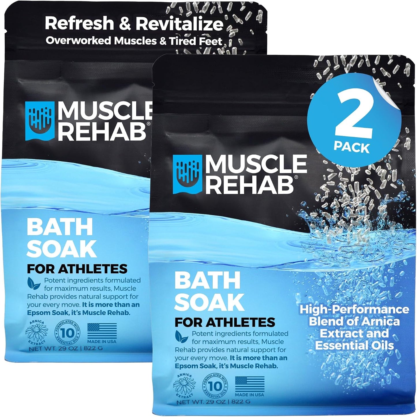 Muscle Rehab Epsom Salt Bath Soak 2 Pack 29 oz with Arnica - Fast-Dissolving Bath Salts for Muscle Relief and Recovery - Cooling Formula - Made in USA