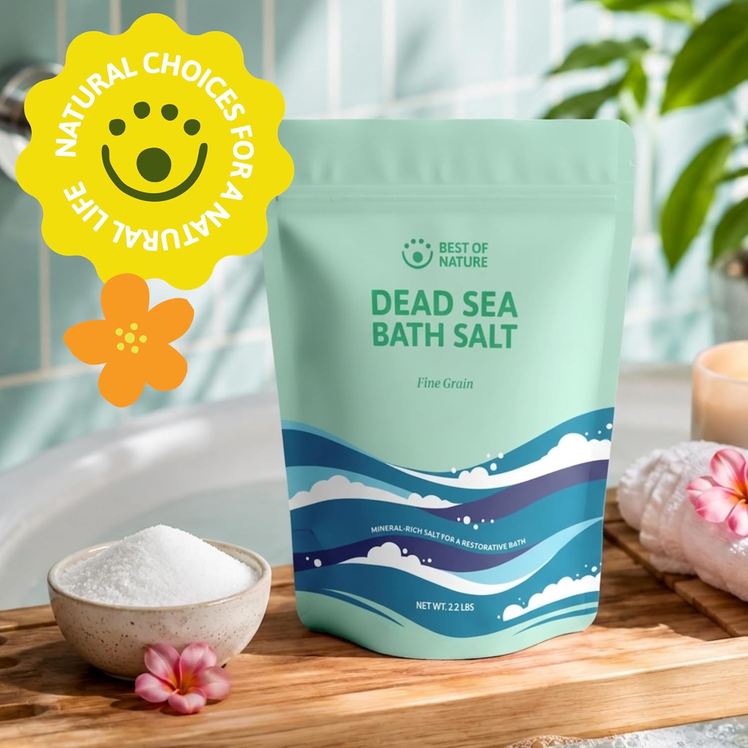 Best of Nature Dead Sea Salt 2.2 lb Fine Grain Bath Soak Salt, Mineral-Rich Crystals, Resealable Bag, Made in the USA