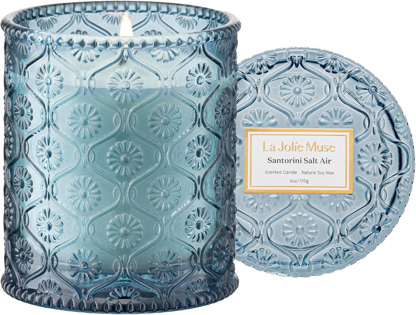 LA JOLIE MUSE Santorini Salt Air Scented Candles for Home, Soy Wax 40 Hrs | Luxury Blue Jar Candle, Natural Clean Non Toxic, Fresh Summer Ocean Candles, Relaxing Gifts for Women & Men, Bergamot & Sea