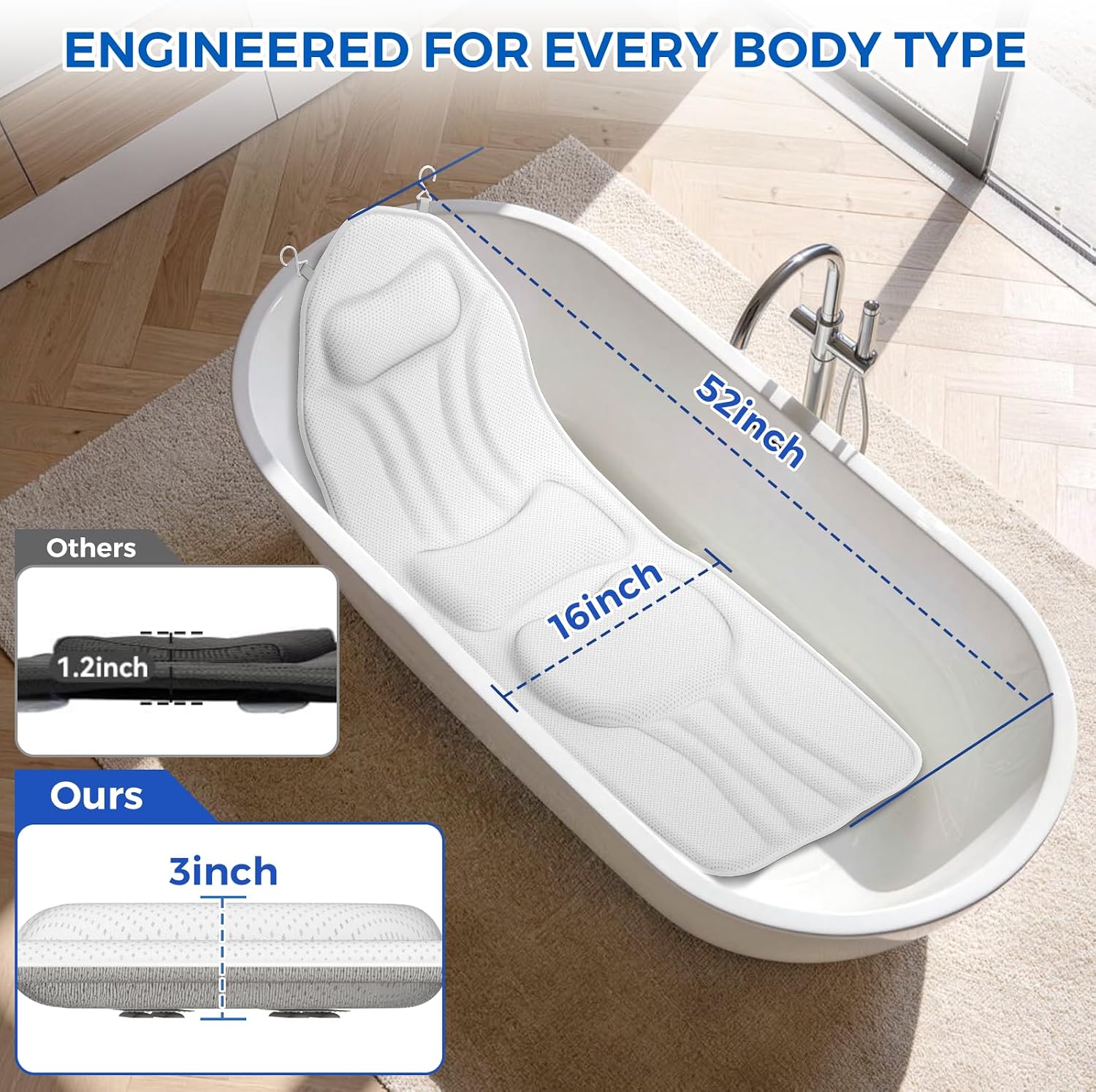 52" x 16" Full Body Bath Pillow for Bathtub, Luxury Bathtub Cushion with 192 Suction Cups and Soft 5D Mesh Fabric, Bath Tub Pillows for Head and Neck, Relaxing Tub Accessories for Women